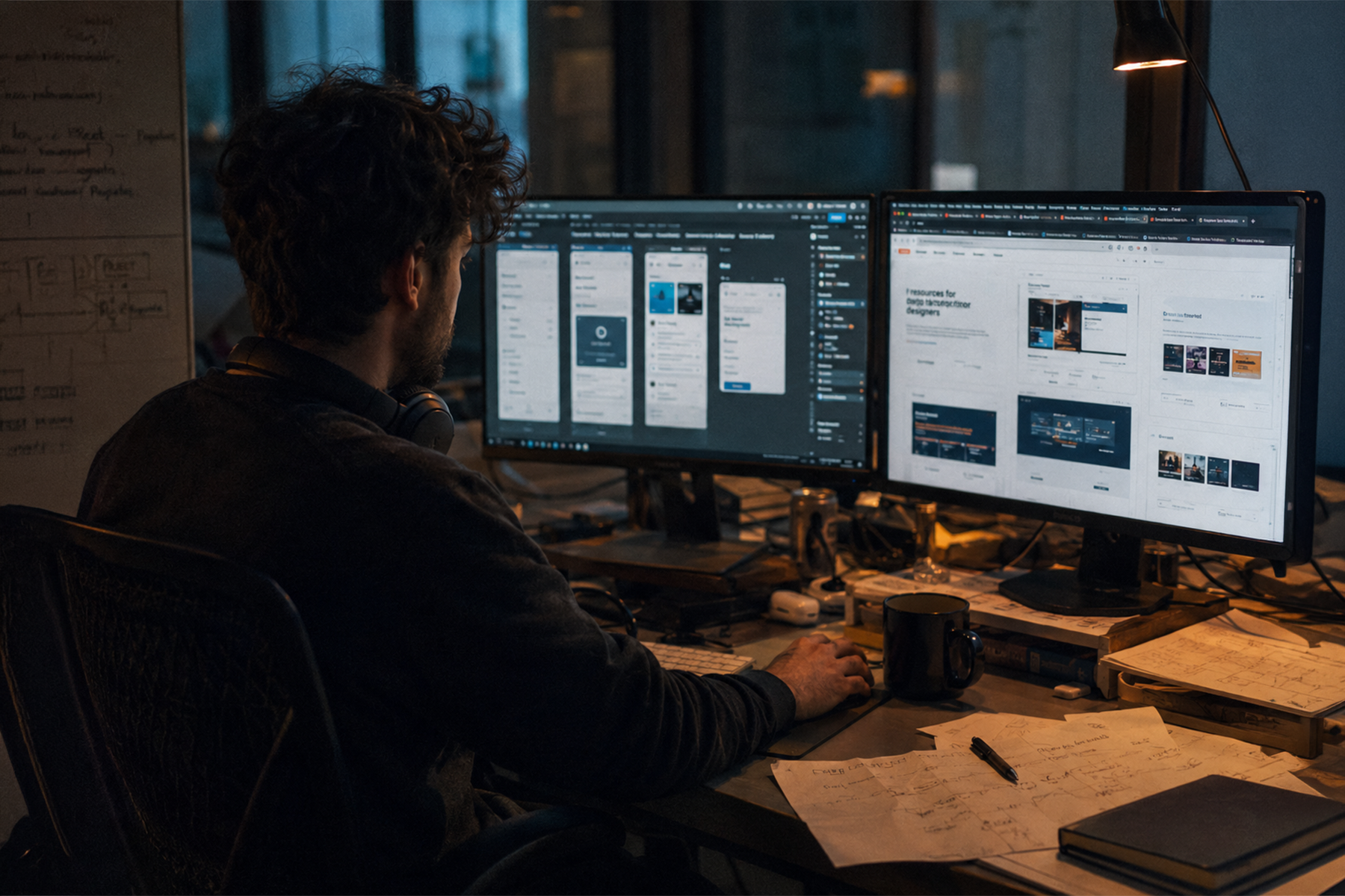 Junior UX designer working alone late at night surrounded by multiple screens and design files