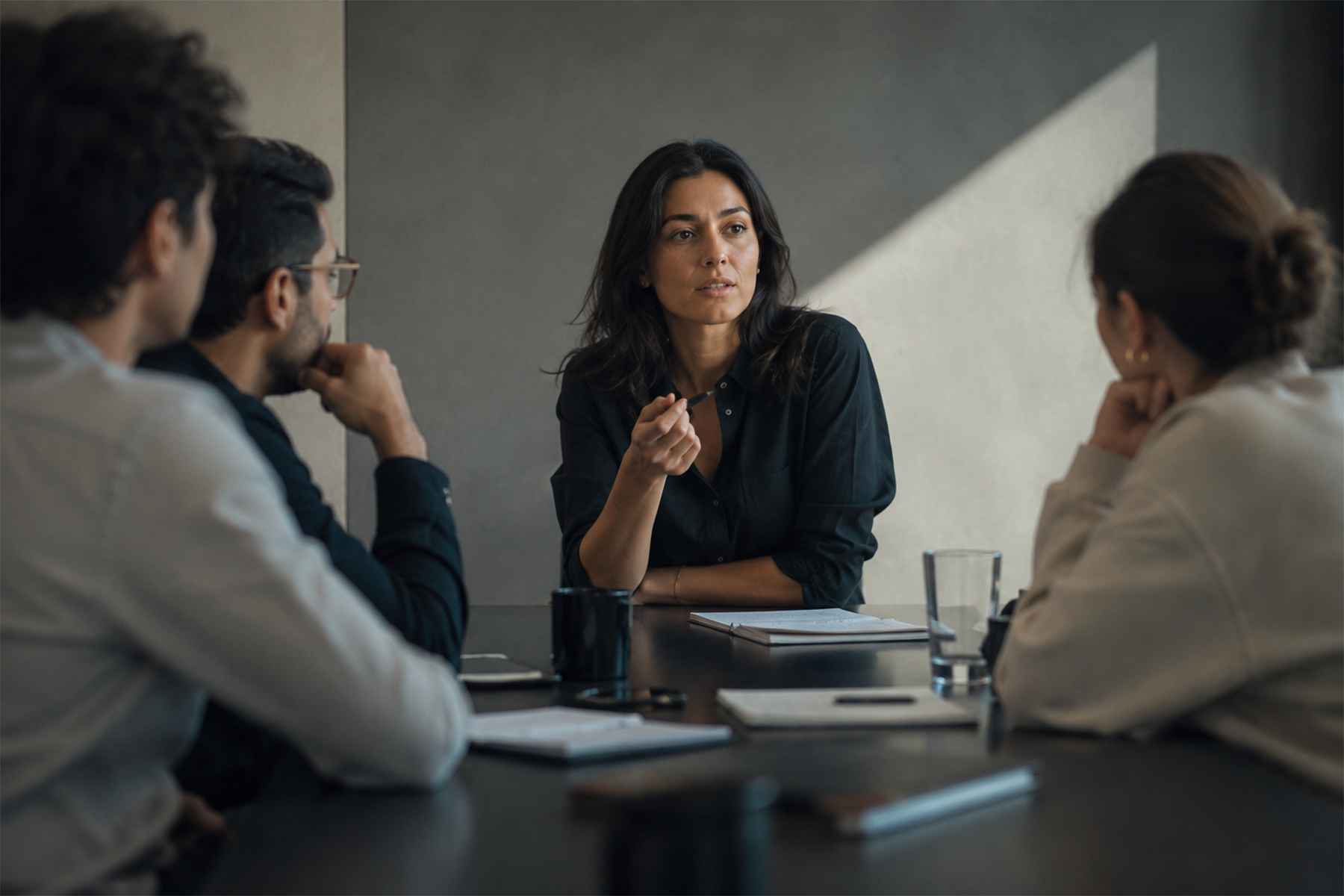 Senior designer leading a product decision meeting with engineering and product leadership