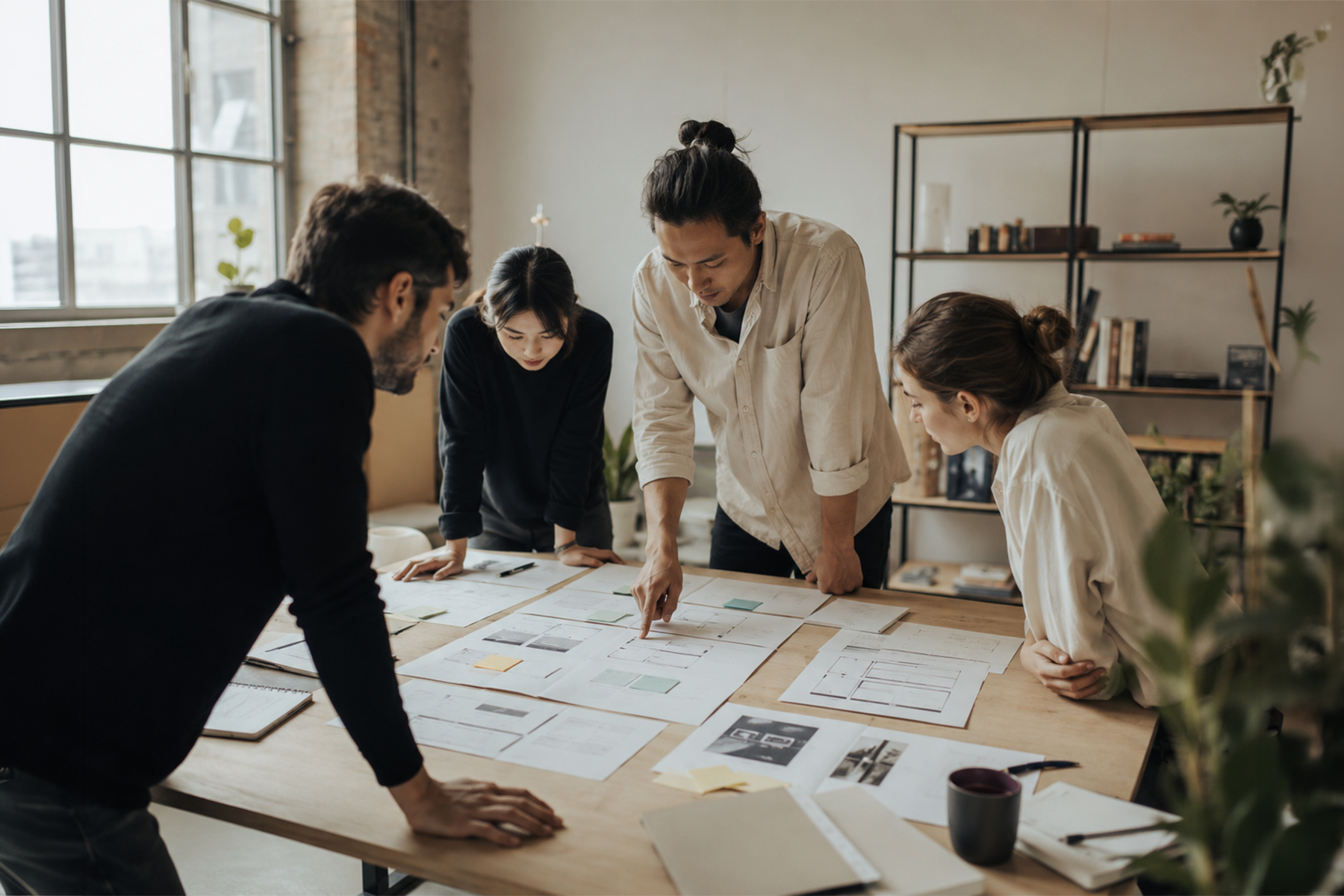 Product design team reviewing user flows and prototypes together in a modern studio