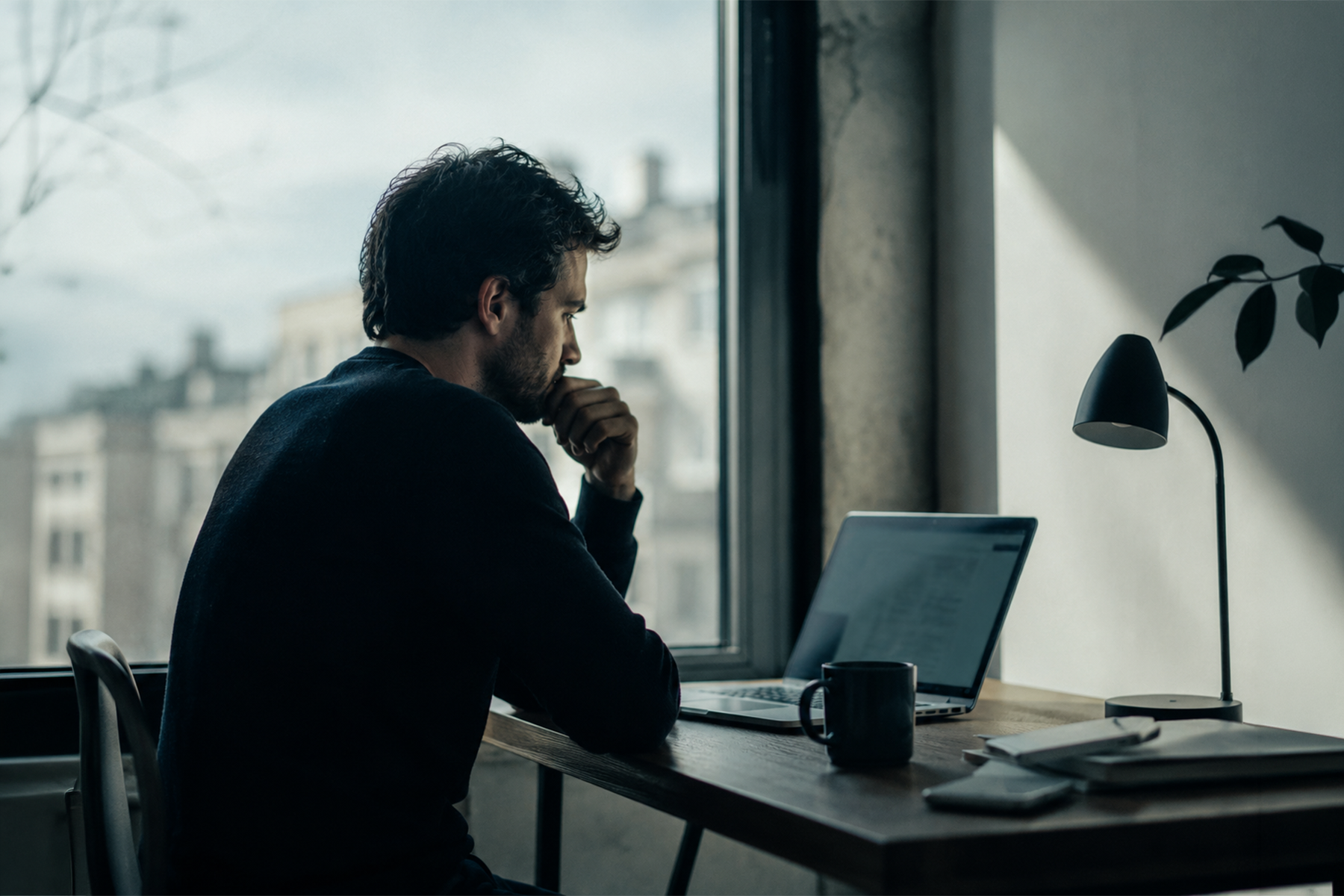 Startup founder sitting alone at a desk deep in thought, looking at a laptop screen