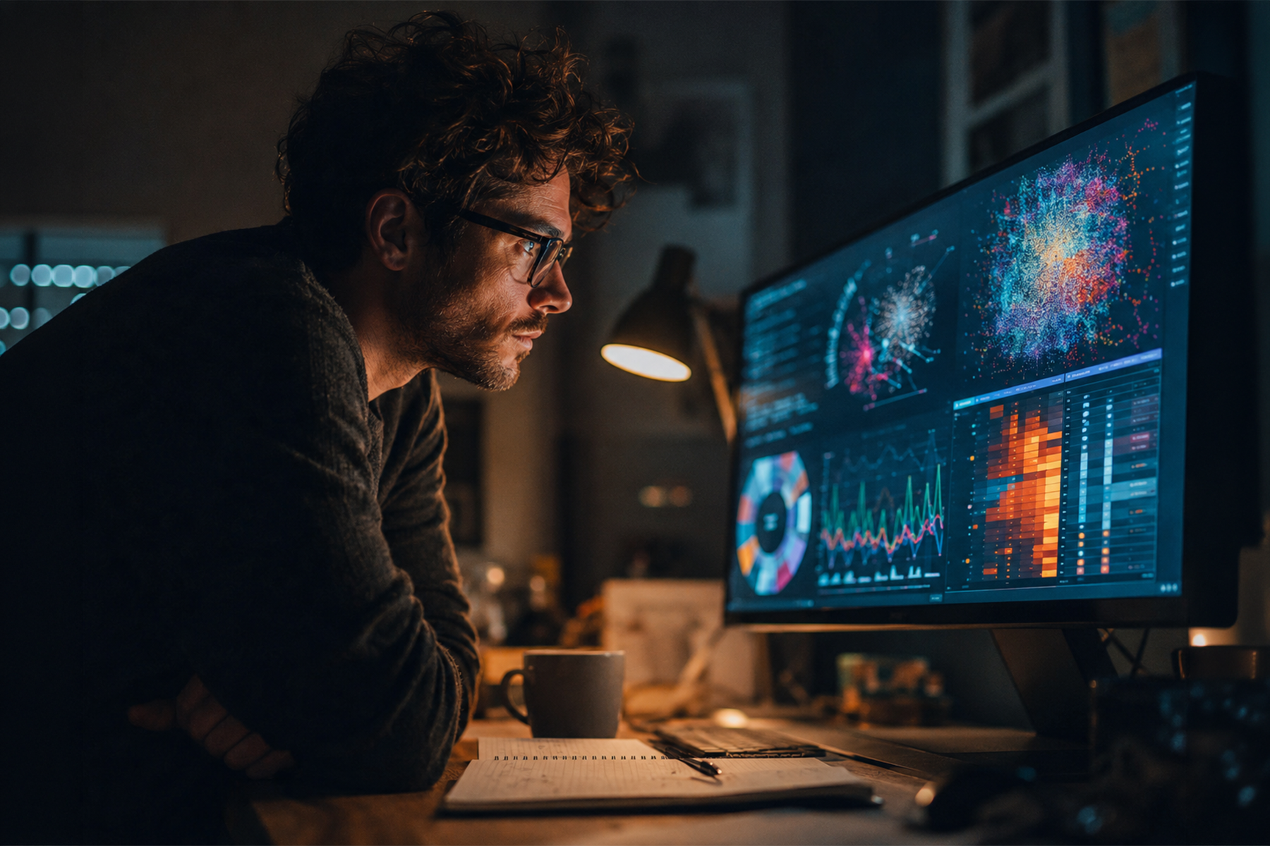 UX designer studying analytics and user research data on a large monitor in a focused work session