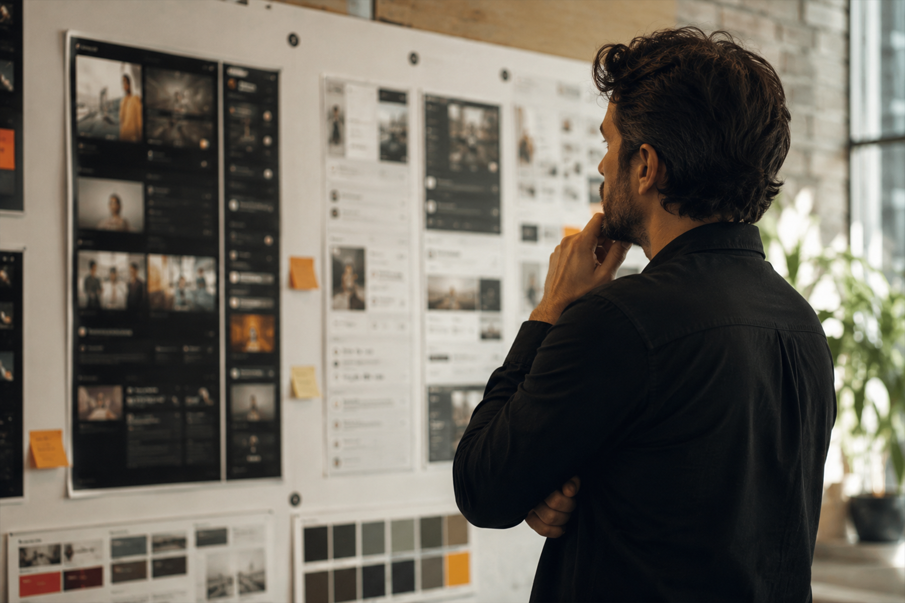Experienced senior UX designer reviewing a product interface with focused attention to detail