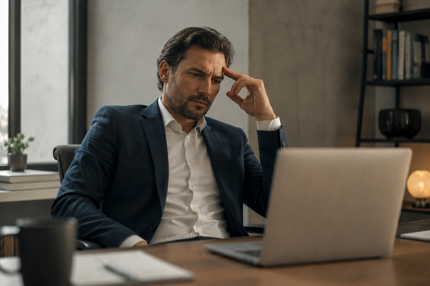 Business professional looking frustrated while reviewing a poorly designed website on a laptop