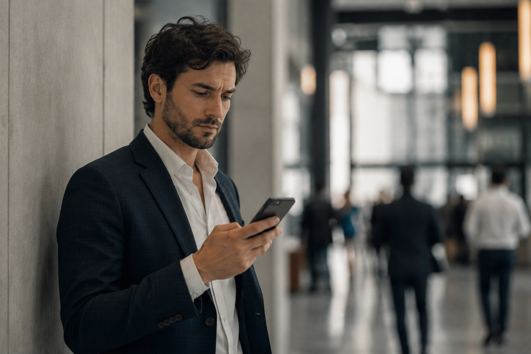 Professional checking a company website on a phone before a business meeting
