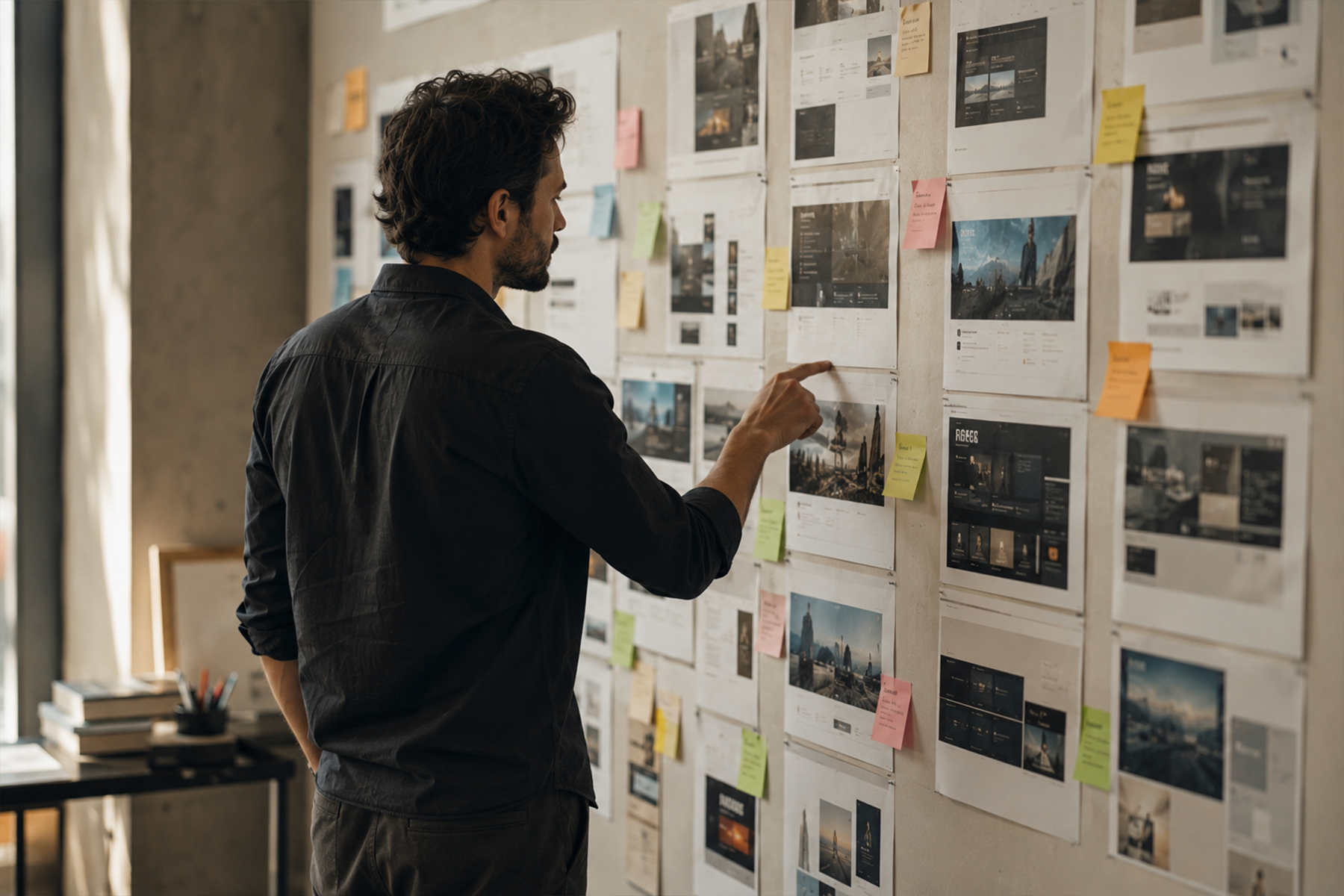 Designer identifying visual inconsistencies across multiple website screens pinned on a wall