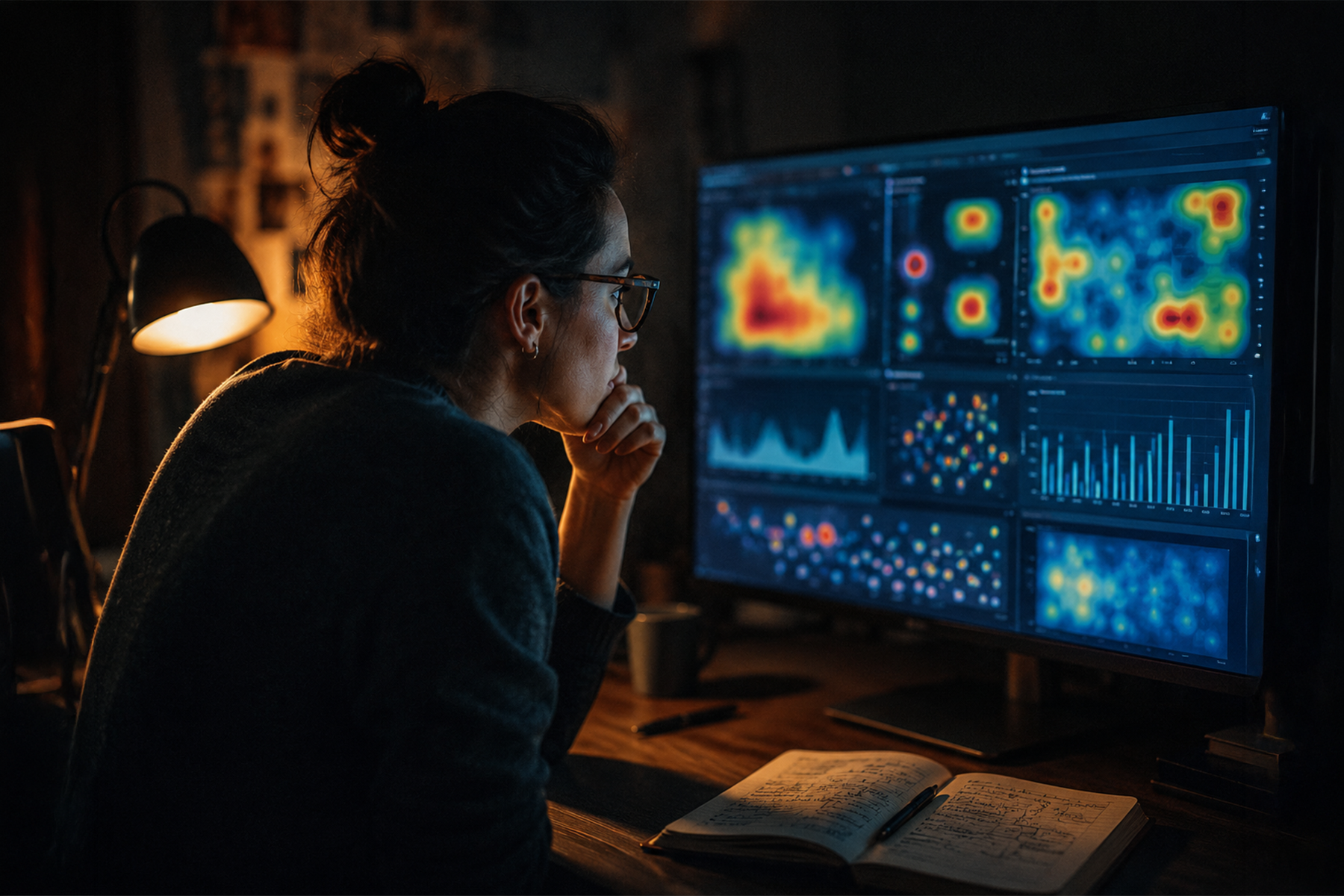 UX researcher analyzing website user behavior data and drop-off points on a large monitor