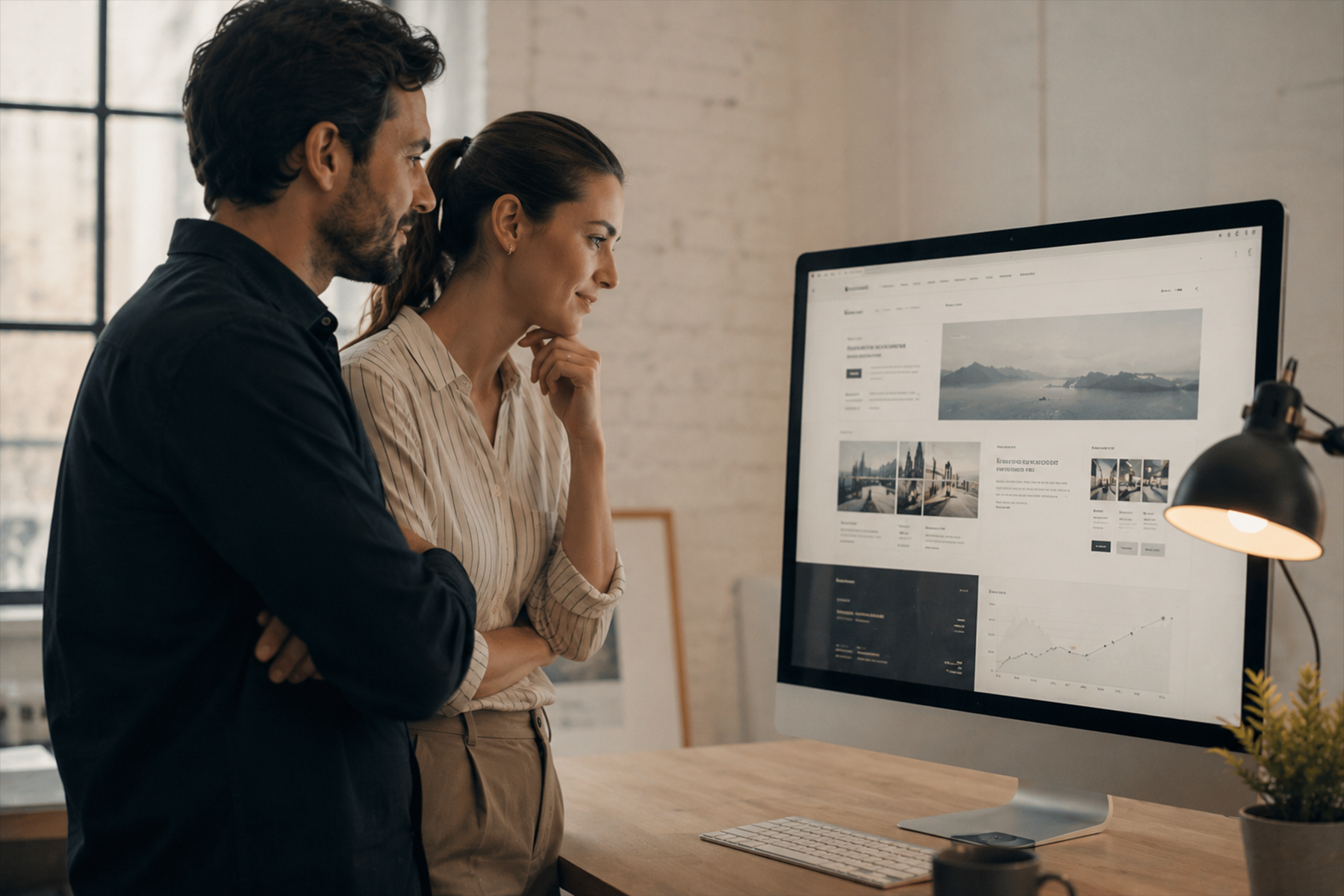 Design team reviewing a clean and well-structured website redesign on a large screen