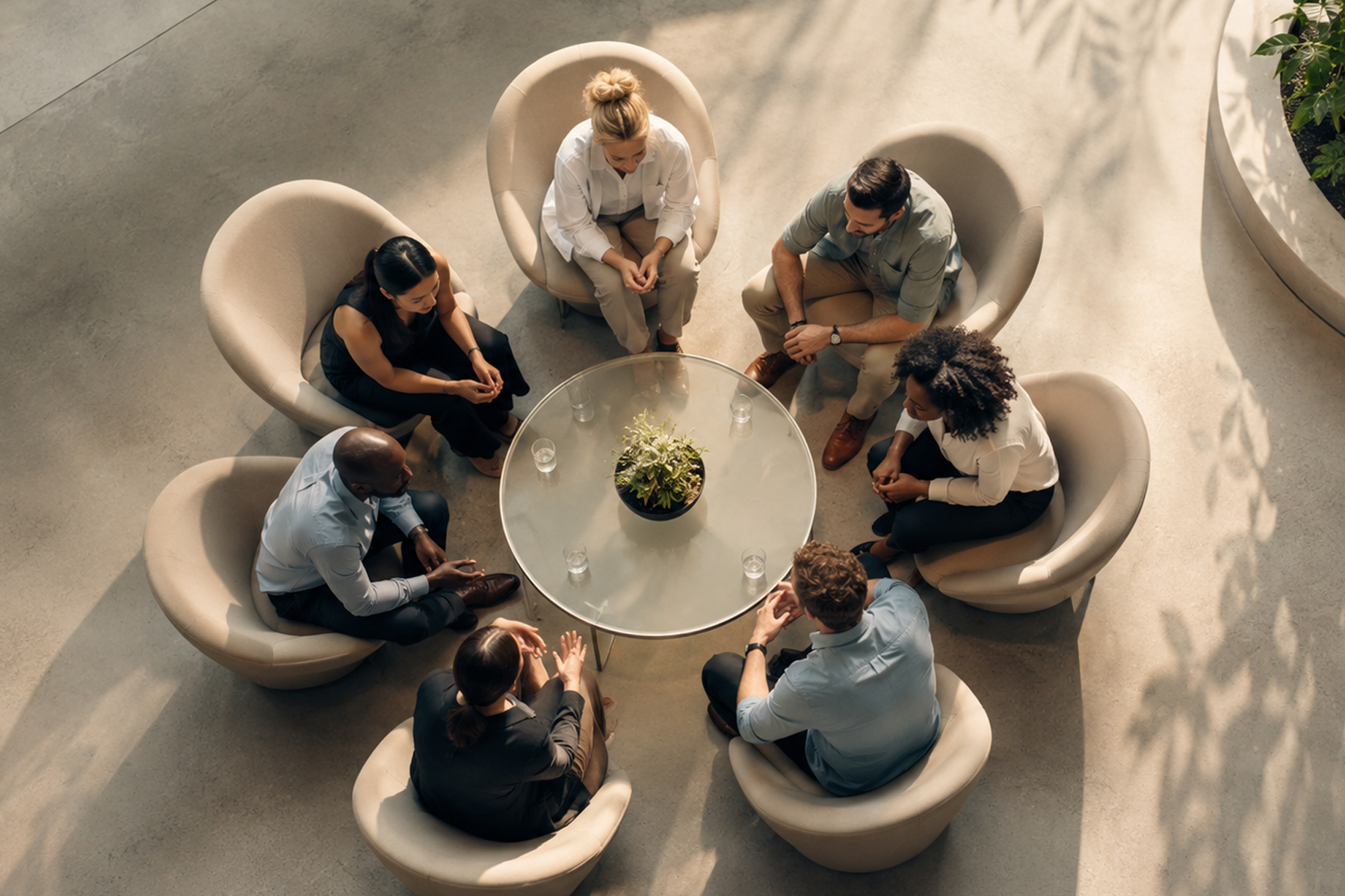 Aerial view of a diverse group collaborating around a circular table, symbolizing decentralized autonomous organizations