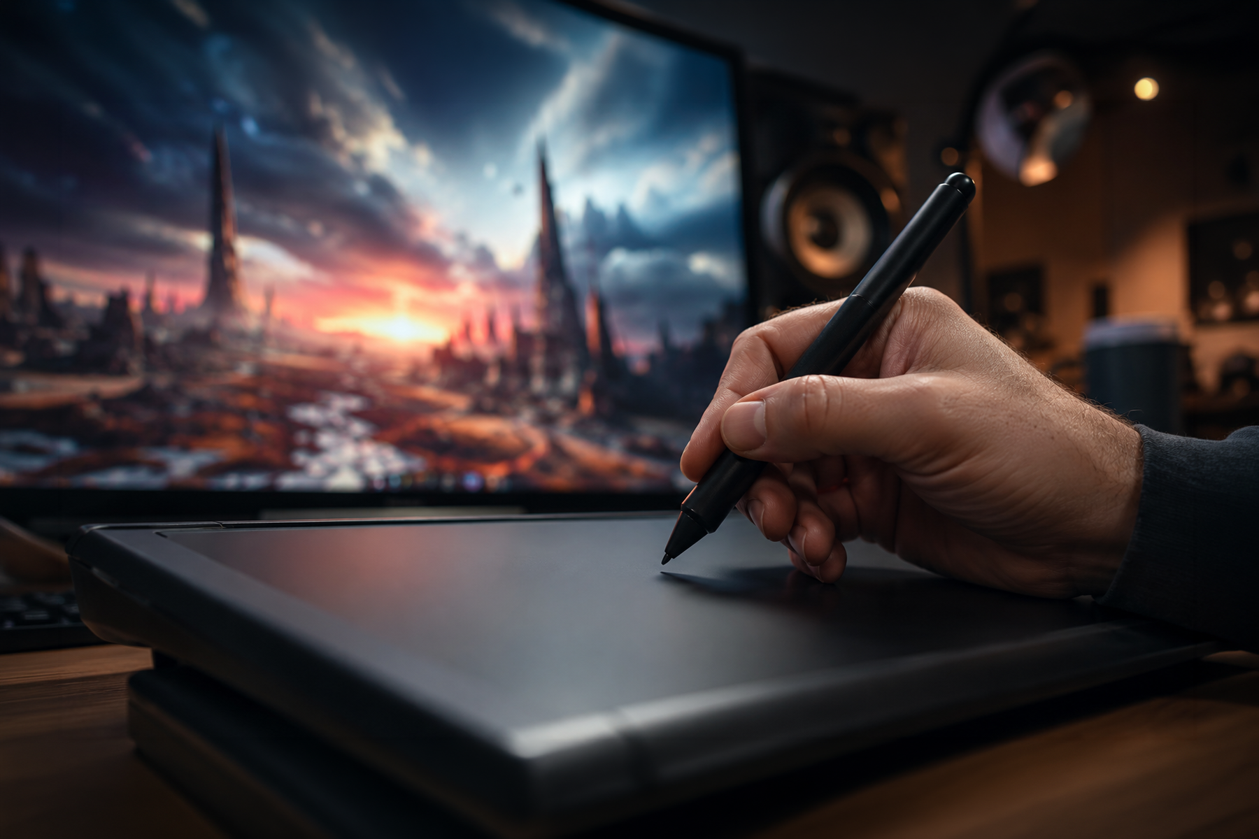 Digital artist working on a drawing tablet with vibrant artwork on screen, representing NFT creation for designers