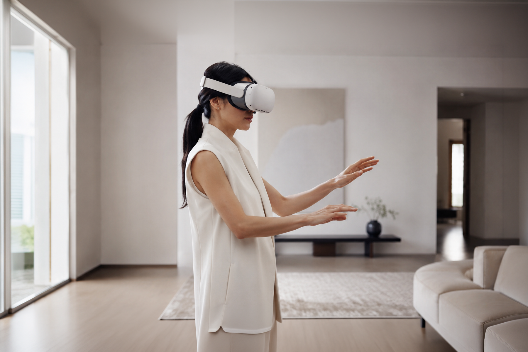 Person wearing a VR headset in a minimalist room, exploring immersive metaverse environments as the future of digital interaction