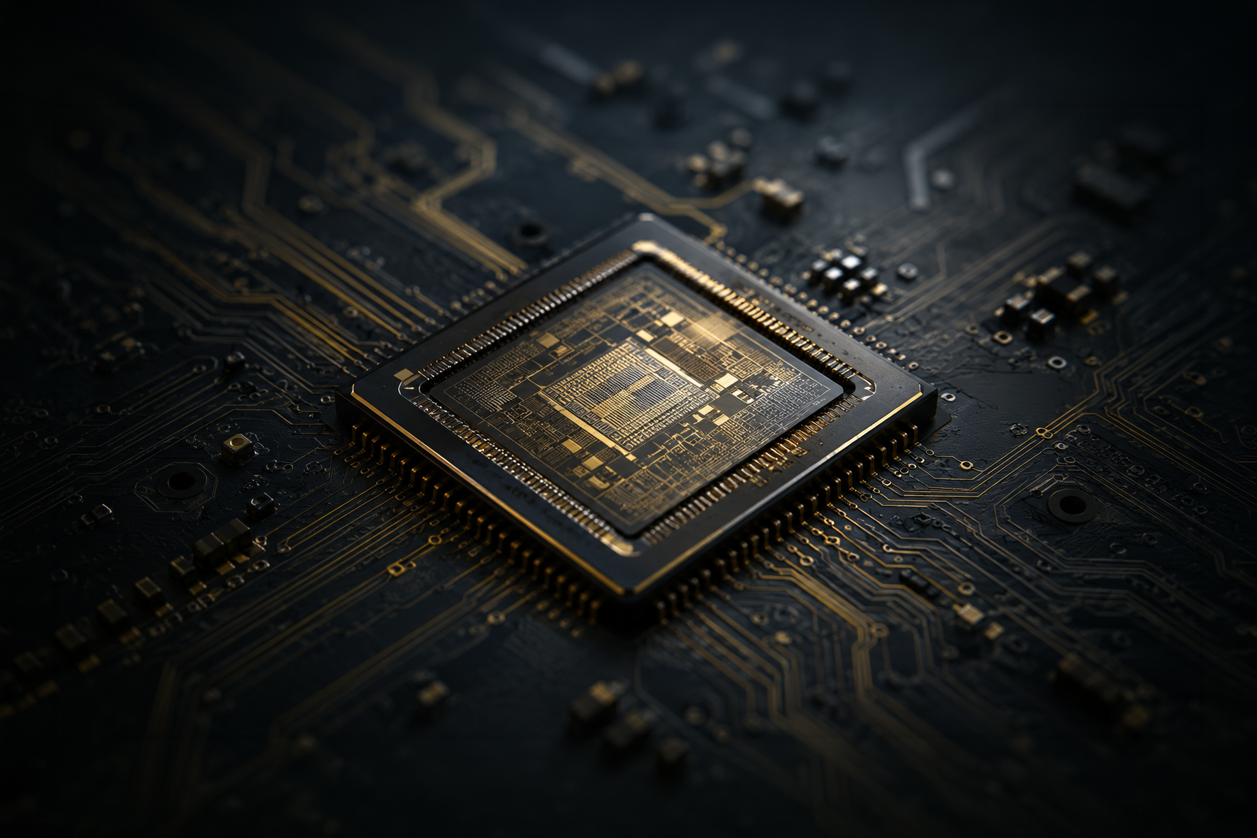 Illuminated microchip with visible circuit traces representing the blockchain technology powering decentralized finance