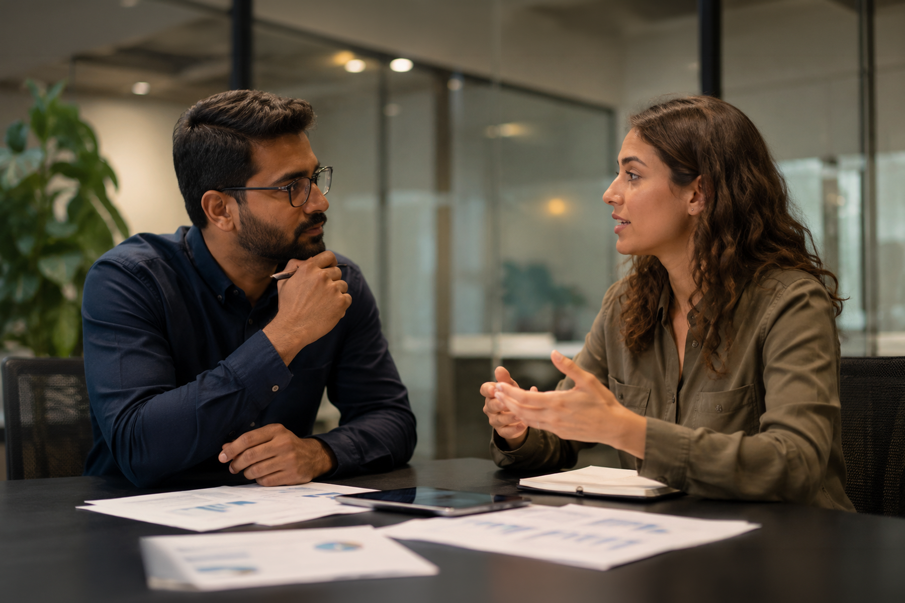 Two education decision-makers in a meeting reviewing EdTech procurement materials at a conference table