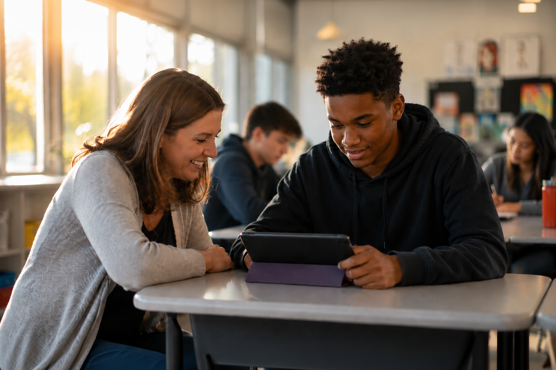 Teacher guiding a student using an AI-powered EdTech tablet in a modern classroom setting