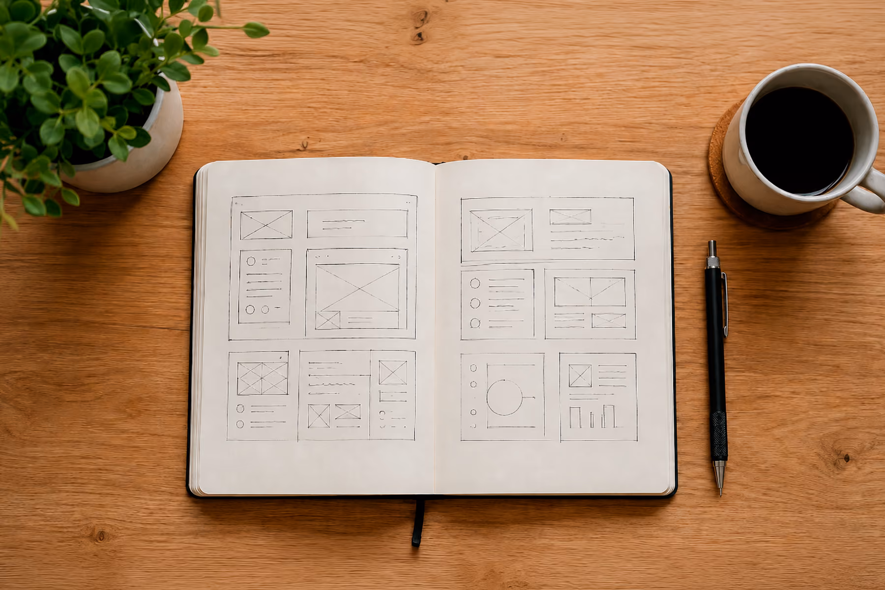 Flat lay of wireframe sketches and design notes on a desk, representing the strategic planning behind EdTech AI website architecture