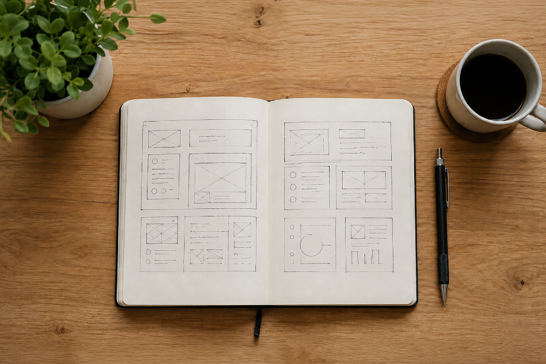 Flat lay of wireframe sketches and design notes on a desk, representing the strategic planning behind EdTech AI website architecture