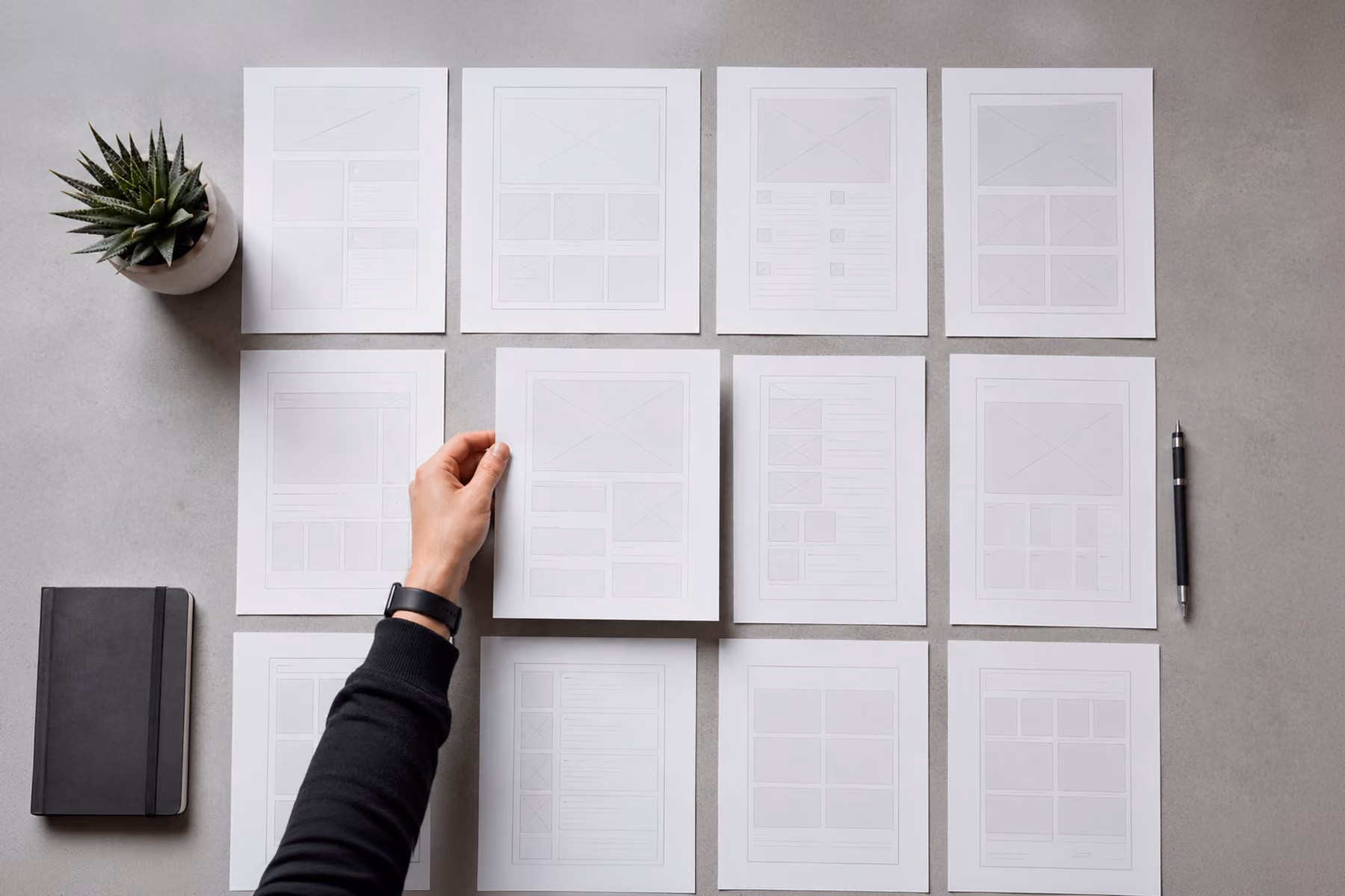 Designer organizing printed wireframe layouts on a desk, representing the systematic approach to B2B software product design strategy