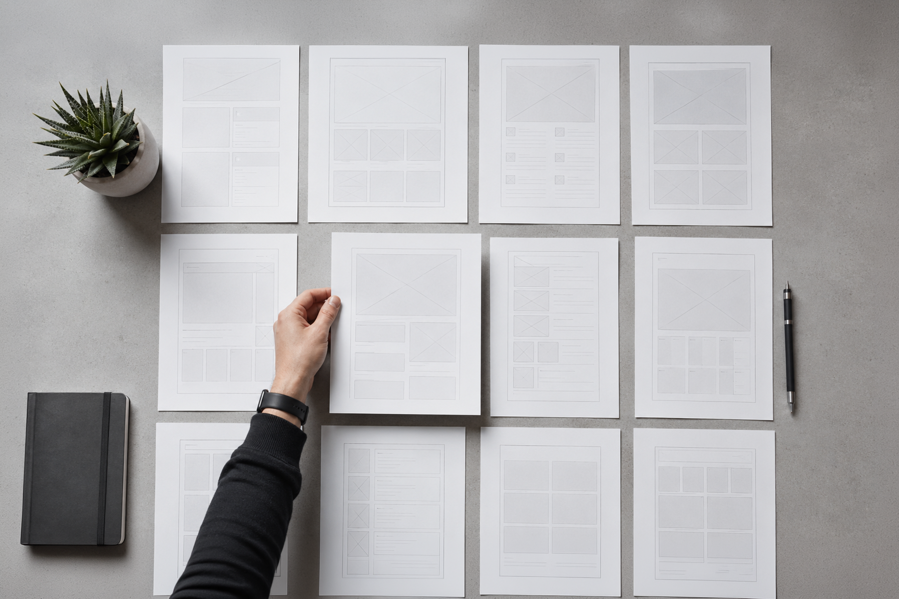 Designer organizing printed wireframe layouts on a desk, representing the systematic approach to B2B software product design strategy
