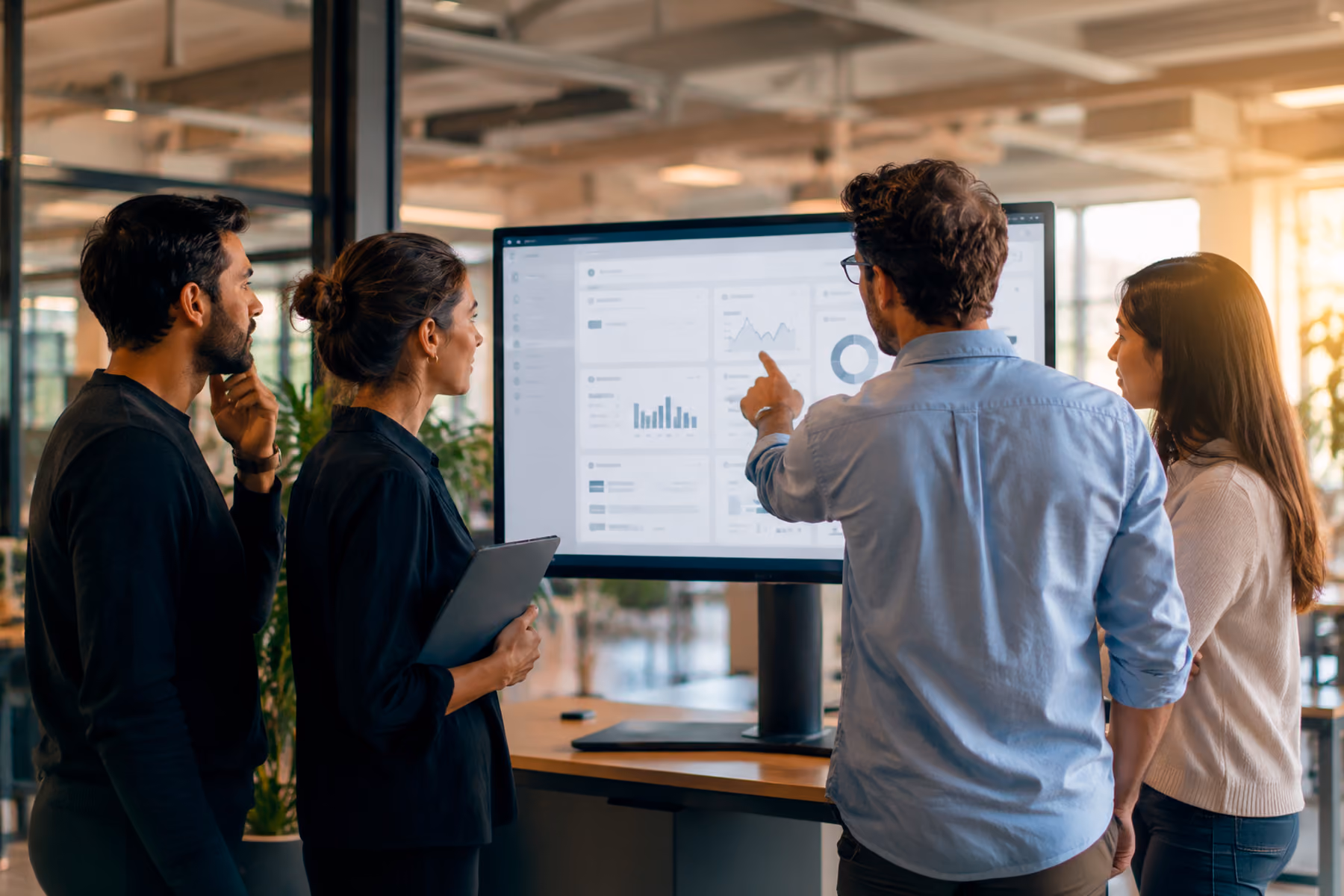 Cross-functional team reviewing a redesigned B2B enterprise software dashboard, representing measurable product design outcomes