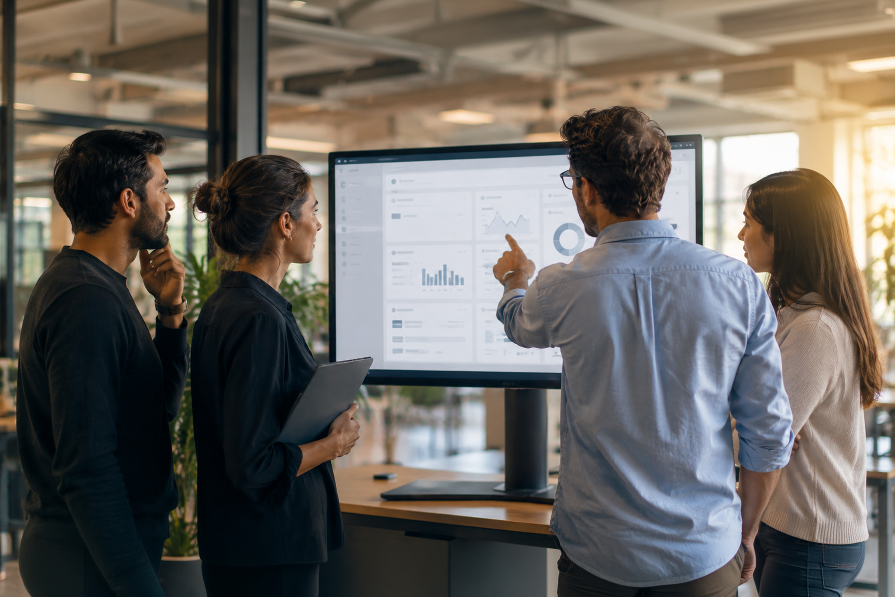 Cross-functional team reviewing a redesigned B2B enterprise software dashboard, representing measurable product design outcomes