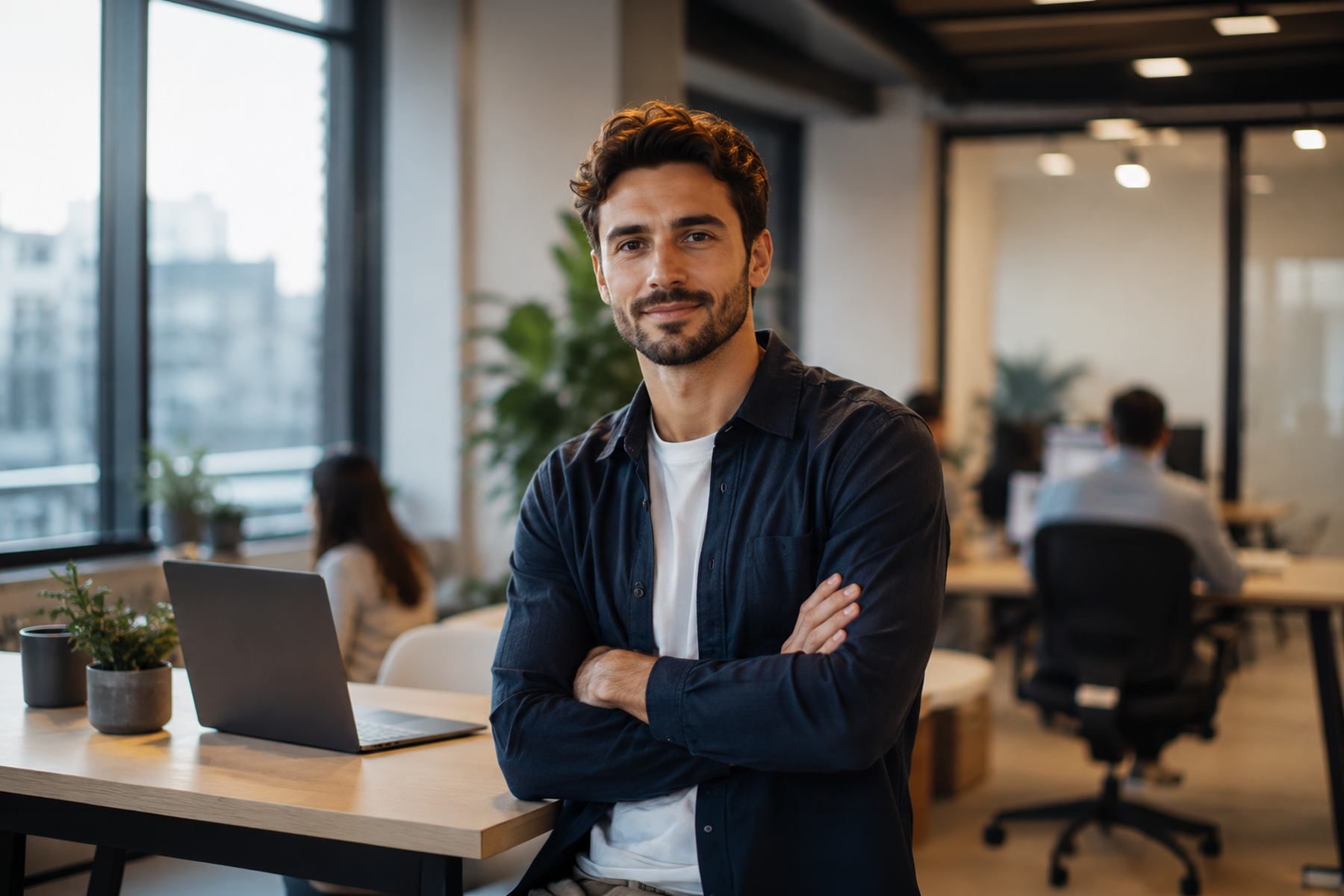 Confident B2B buyer in a modern office, representing the type of decision-maker SaaS websites must build trust with immediately