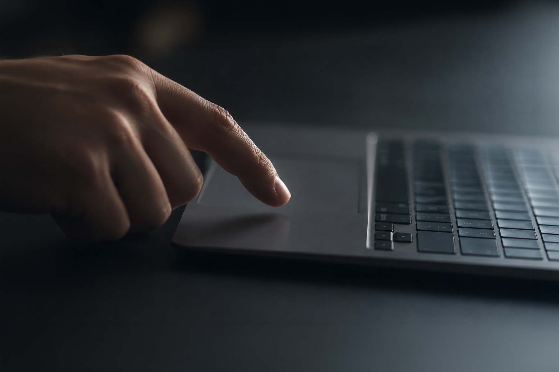 Hand hovering over a laptop trackpad in a moment of decision, illustrating the importance of low-friction CTAs on SaaS websites