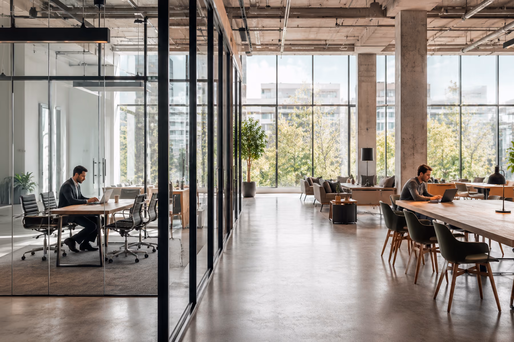 Two different types of SaaS buyers working independently in a modern office, representing the need for segmented website content that speaks to distinct user personas