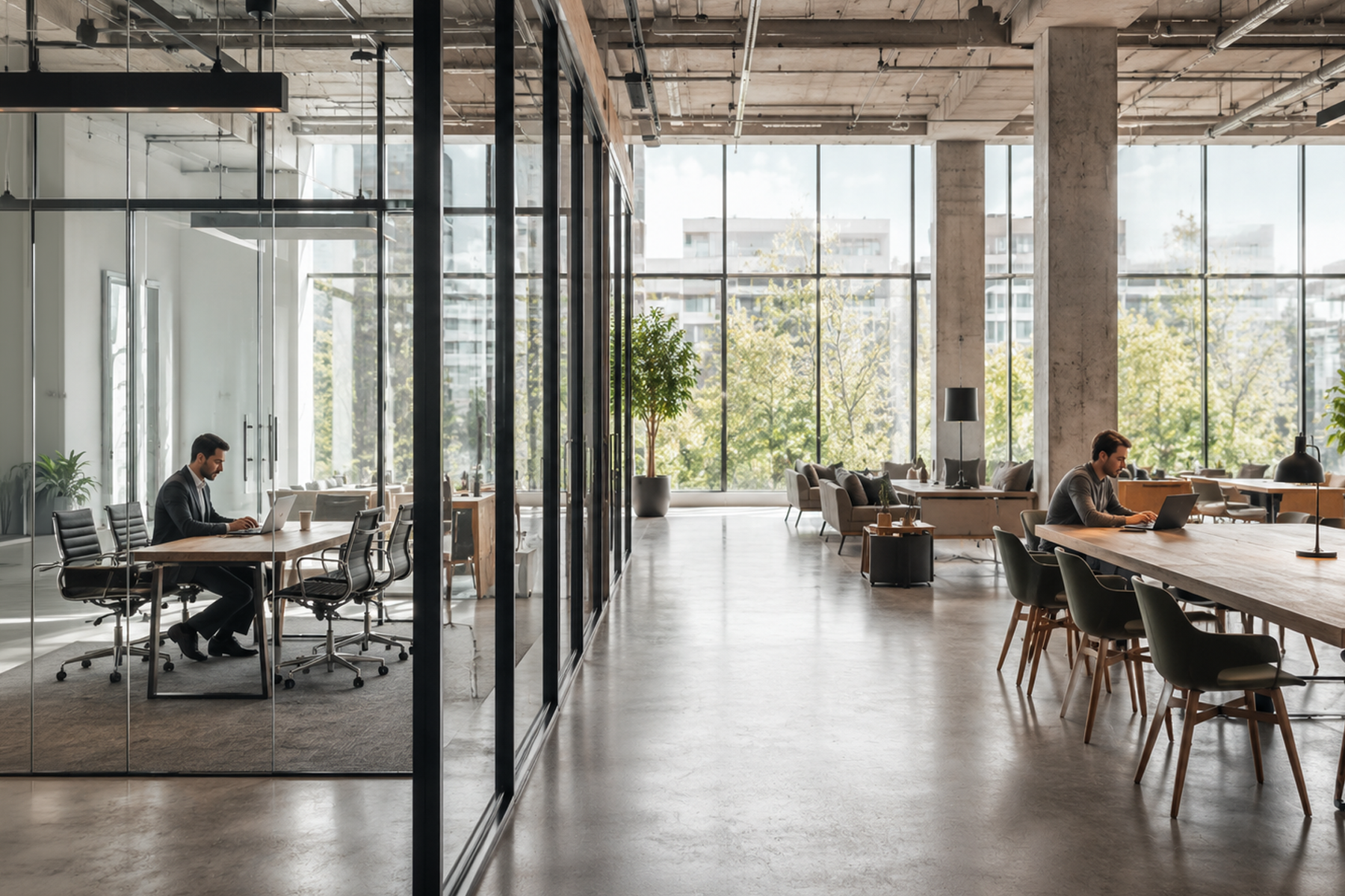 Two different types of SaaS buyers working independently in a modern office, representing the need for segmented website content that speaks to distinct user personas