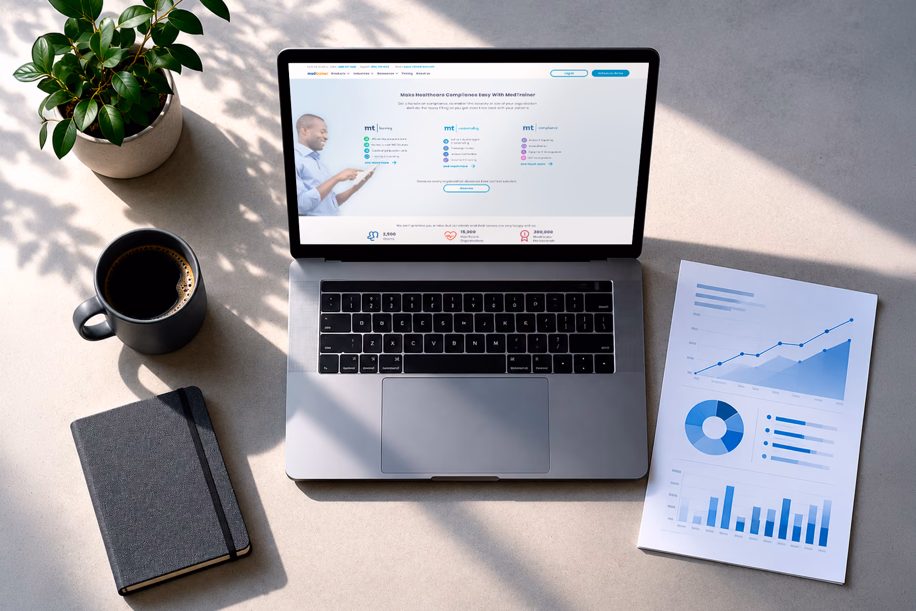 Laptop with a SaaS website on screen next to an analytics report showing upward conversion trends, representing measurable results from strategic website design