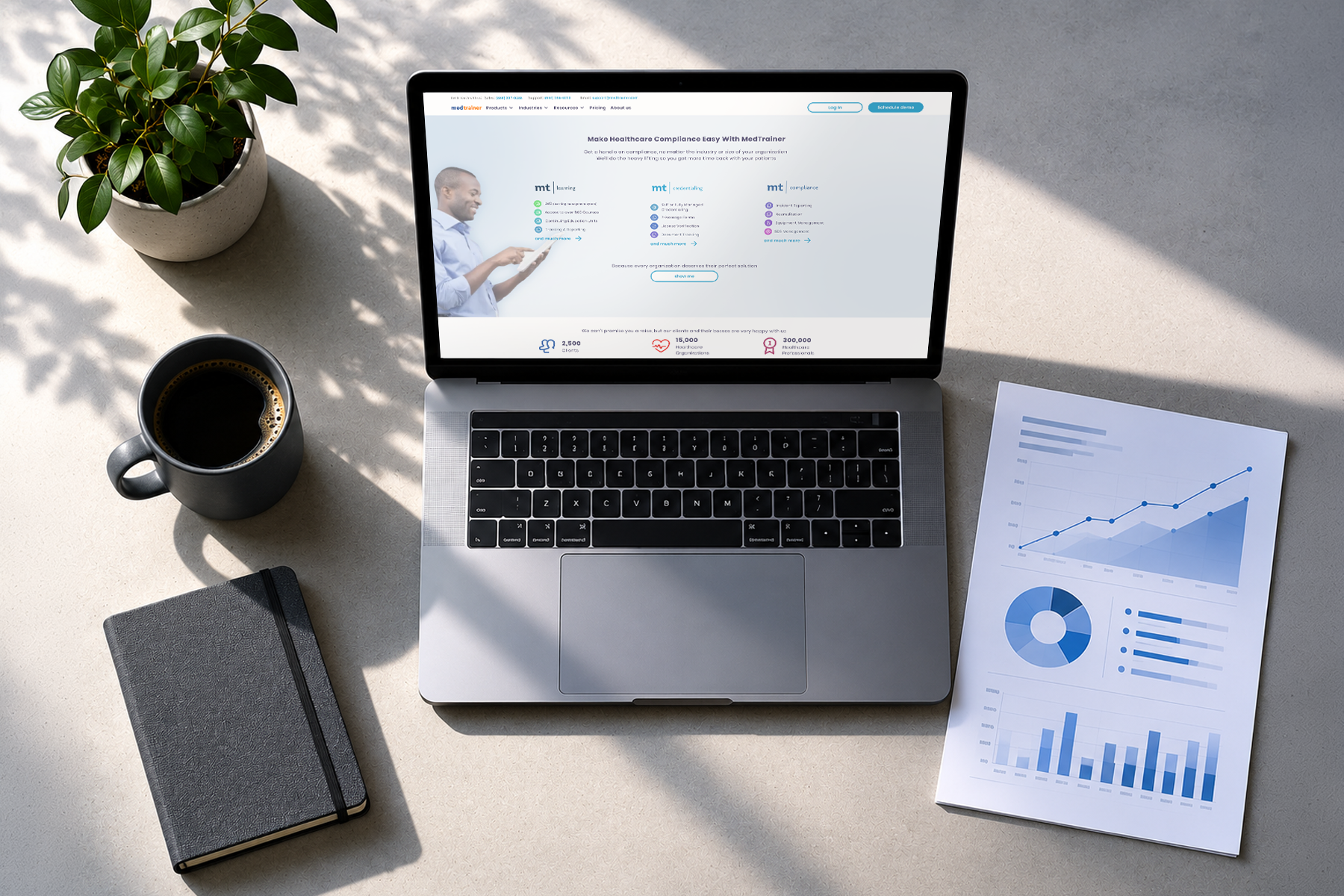Laptop with a SaaS website on screen next to an analytics report showing upward conversion trends, representing measurable results from strategic website design