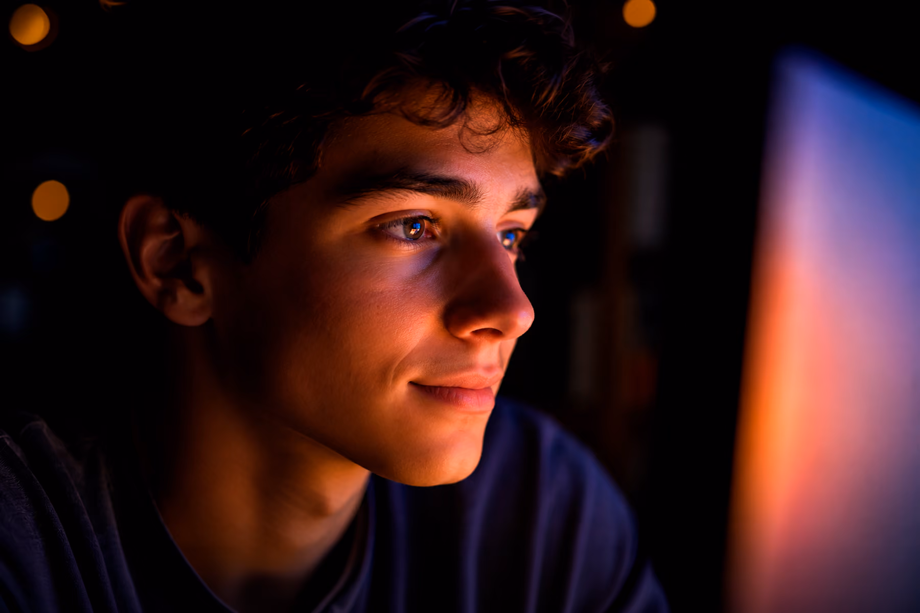 Close-up of a person's eye reflecting the colorful glow of a screen, symbolizing the immediate visual impact of cool website design