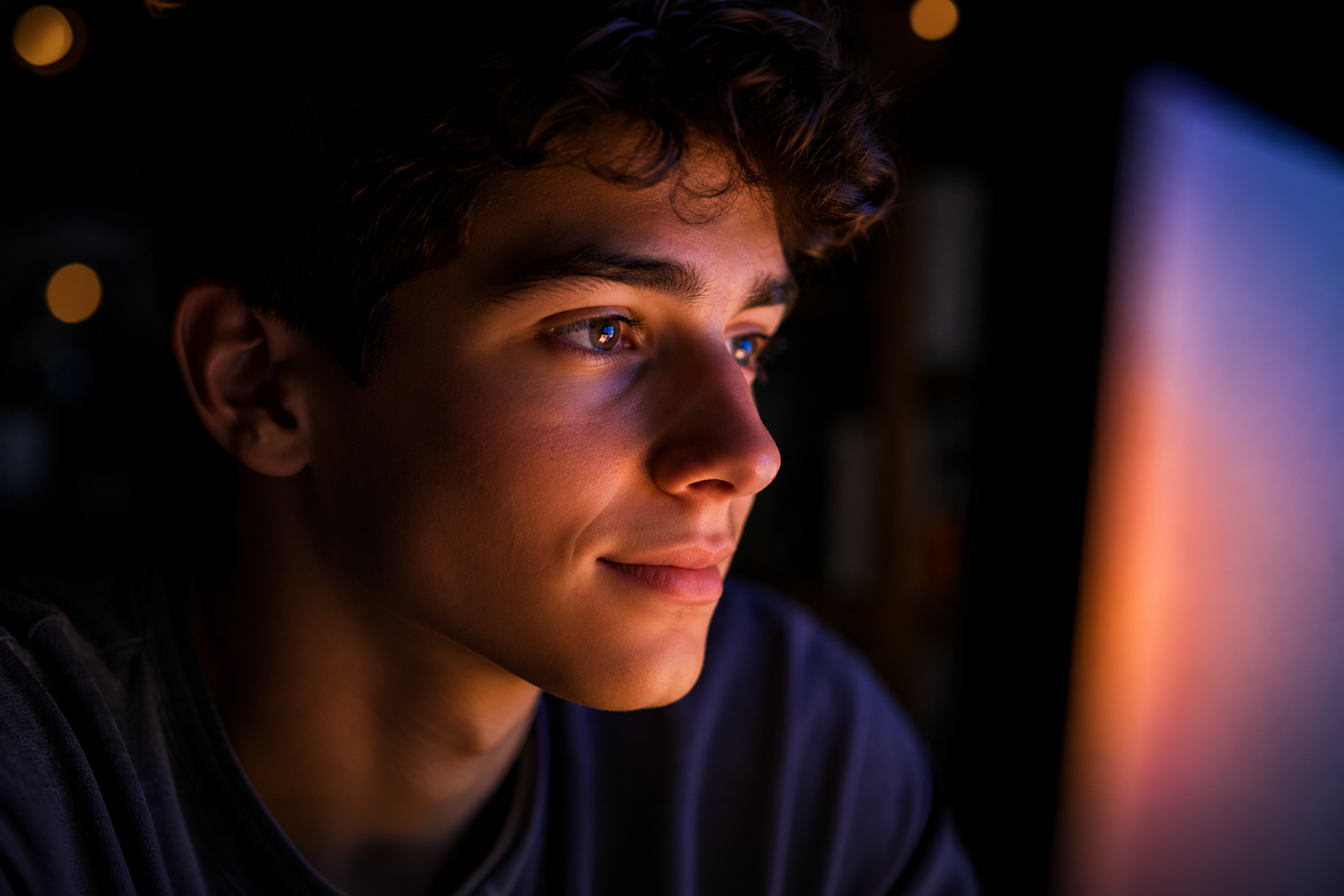 Close-up of a person's eye reflecting the colorful glow of a screen, symbolizing the immediate visual impact of cool website design