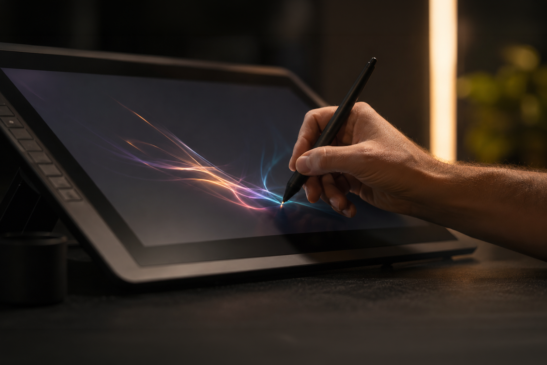 Hand with a stylus interacting with a tablet screen leaving a colorful trail, representing purposeful interaction design in high-converting websites
