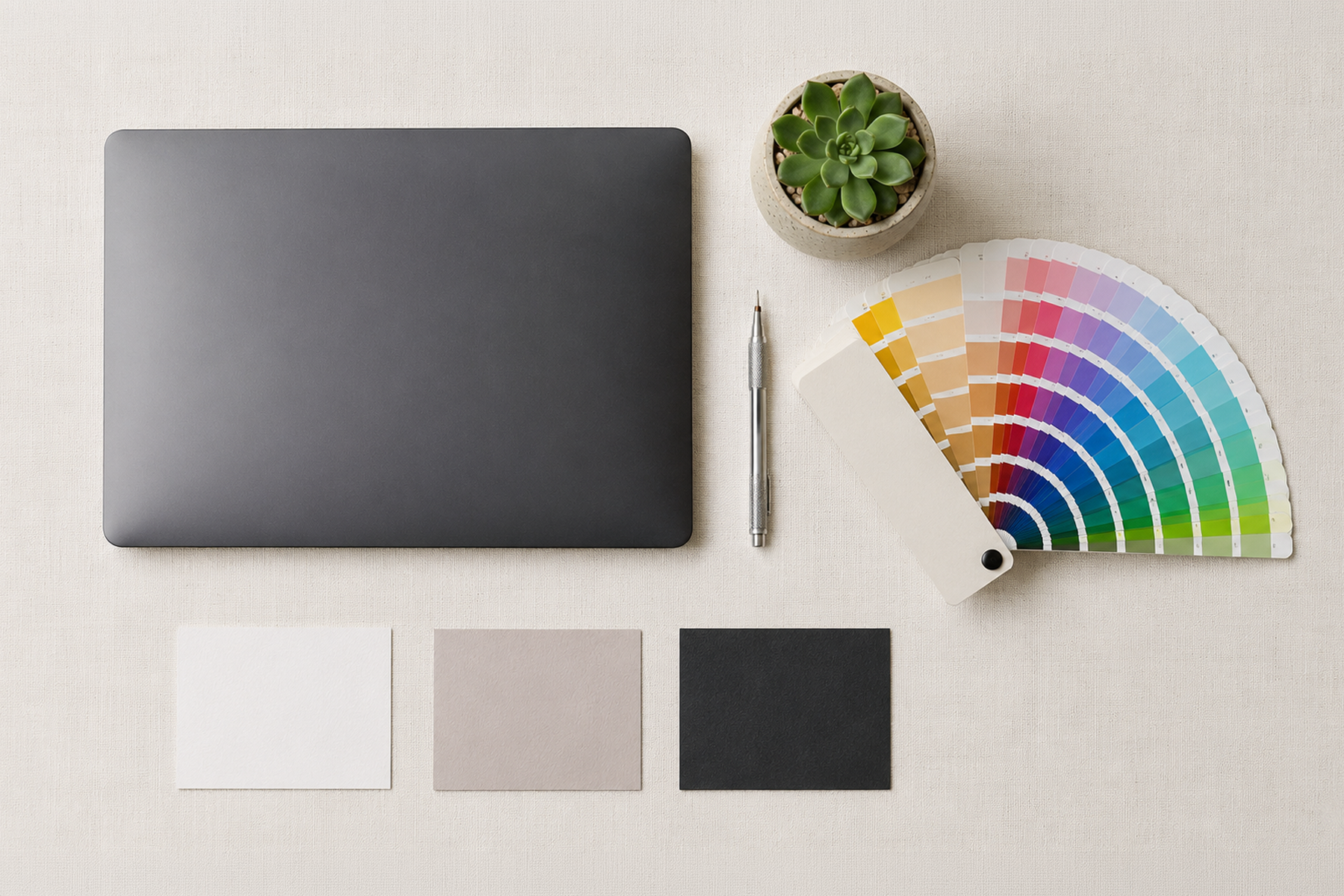 Organized designer's flat lay with color swatches and tools, representing the coherence and intentionality behind great website design