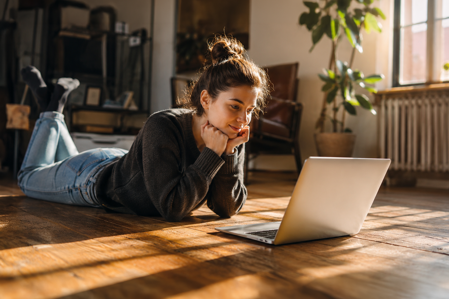 Creative professional lying on the floor engaged with a laptop, representing the focused and intuitive experience of browsing a well-designed website