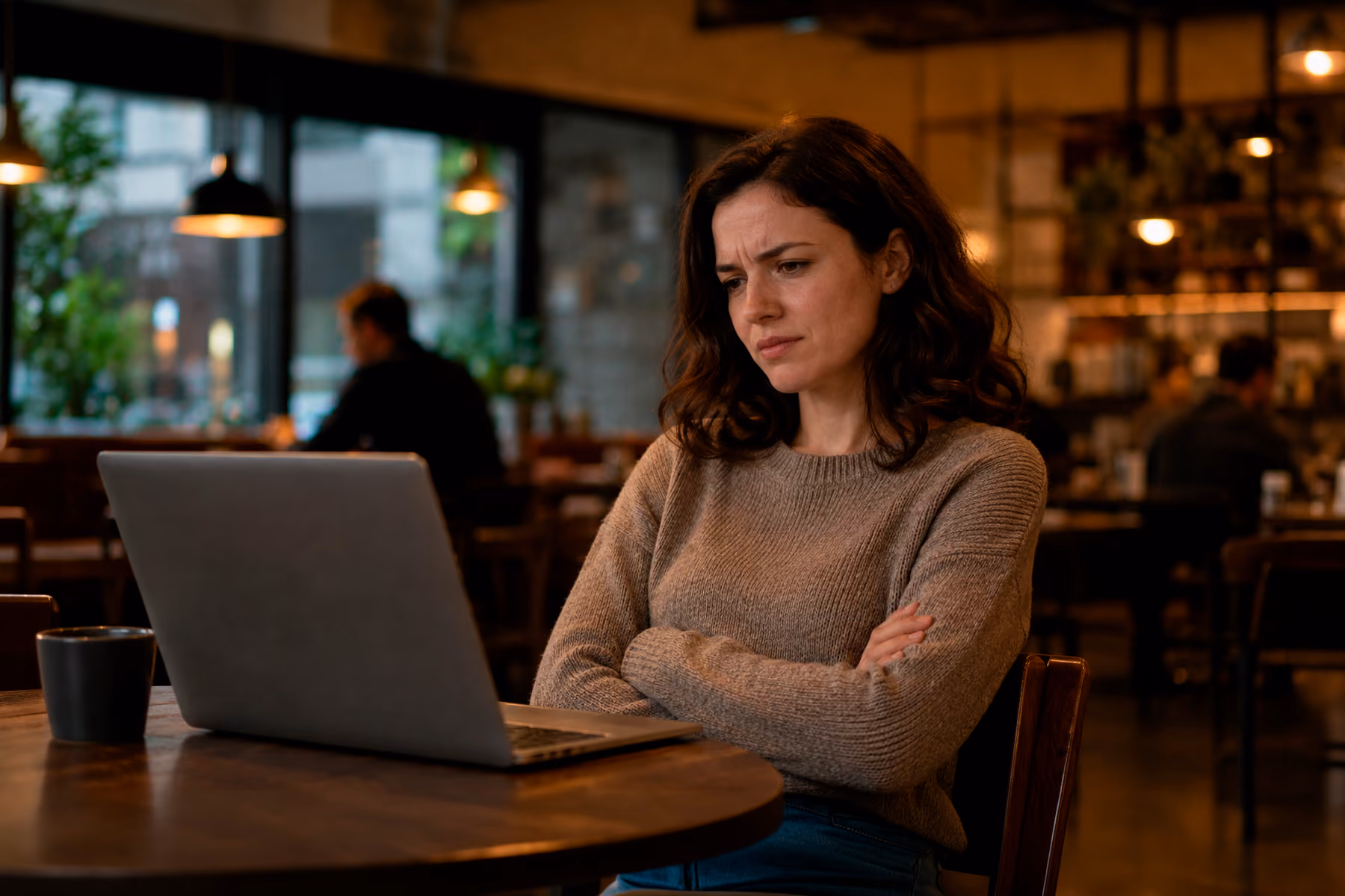 Skeptical buyer sitting at a café with a laptop, hesitating to proceed — representing how hidden pricing causes SaaS prospects to self-disqualify