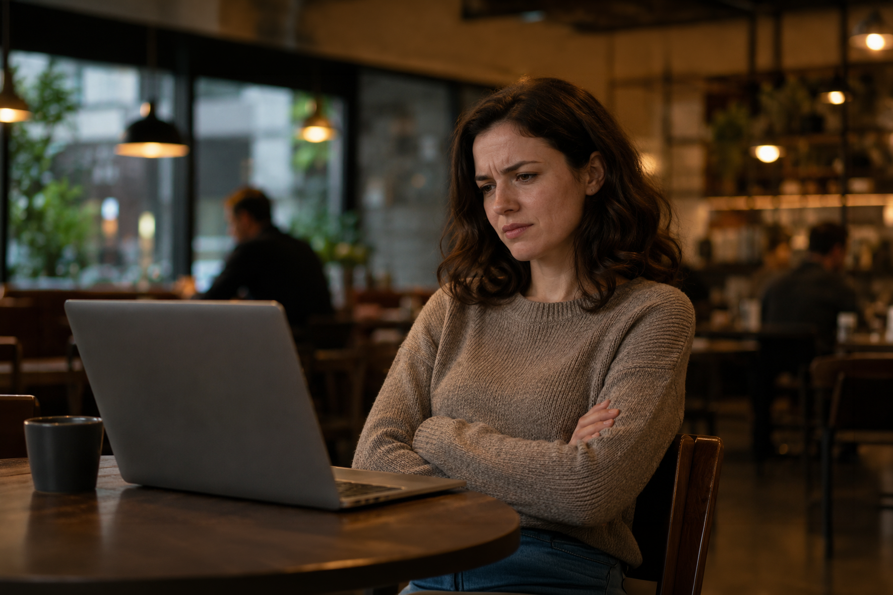 Skeptical buyer sitting at a café with a laptop, hesitating to proceed — representing how hidden pricing causes SaaS prospects to self-disqualify