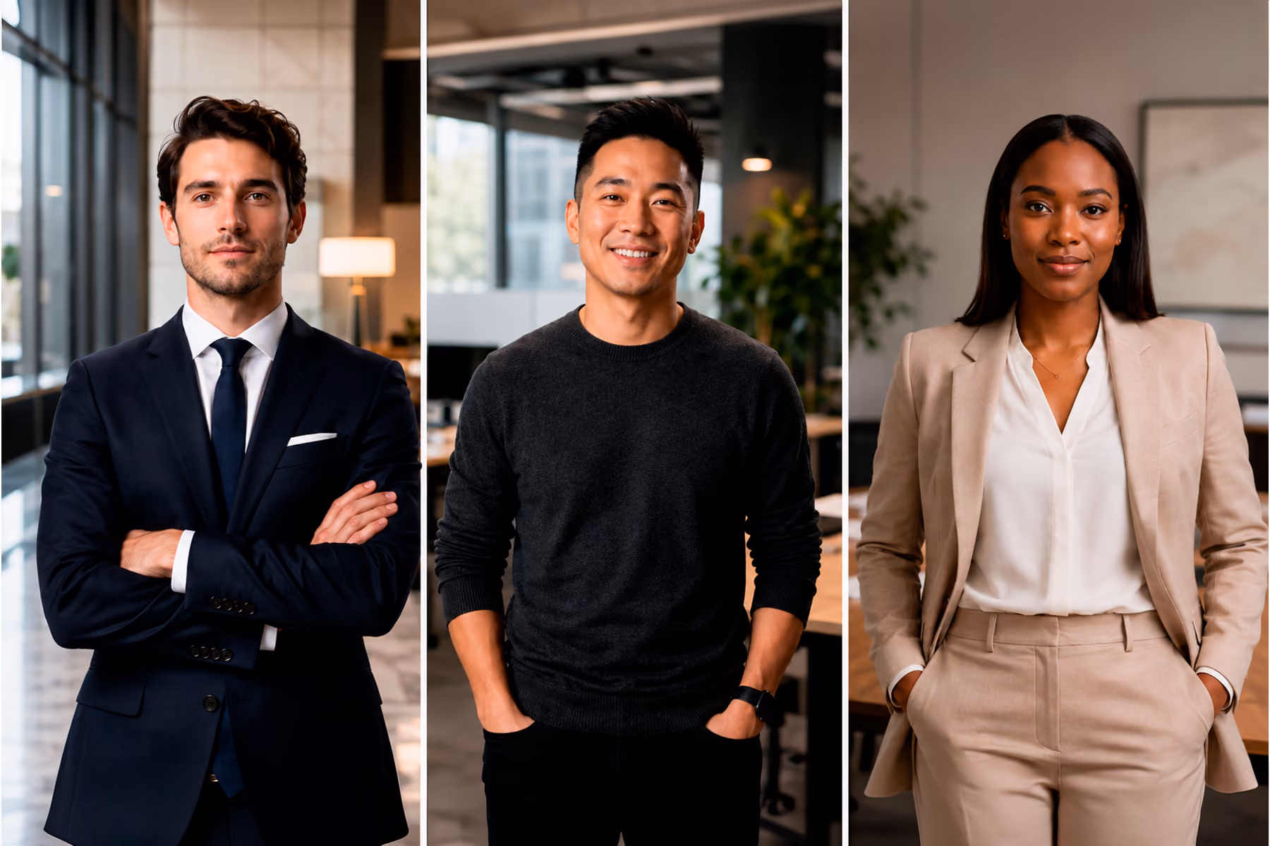 Three B2B buyers with different roles — VP, IT director, and procurement officer — representing the multiple stakeholders a SaaS website must serve with segmented navigation