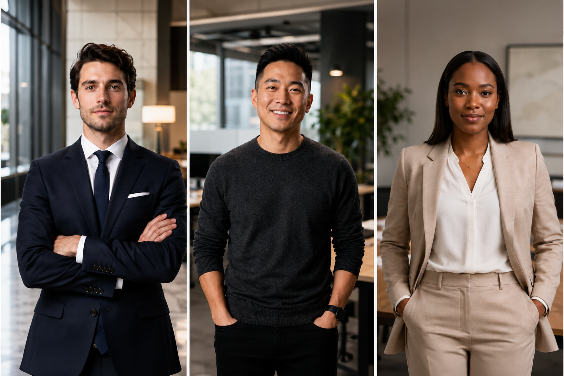 Three B2B buyers with different roles — VP, IT director, and procurement officer — representing the multiple stakeholders a SaaS website must serve with segmented navigation