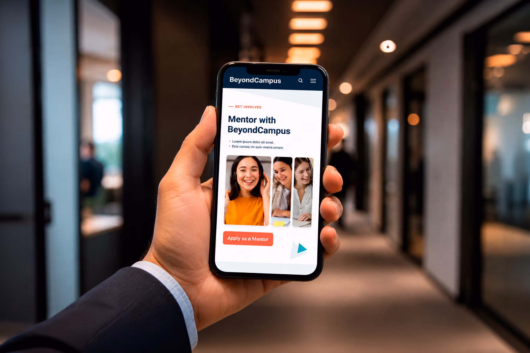 Business professional reviewing a SaaS website on a smartphone between meetings in a corporate hallway, illustrating why mobile optimization is critical for B2B websites in 2026