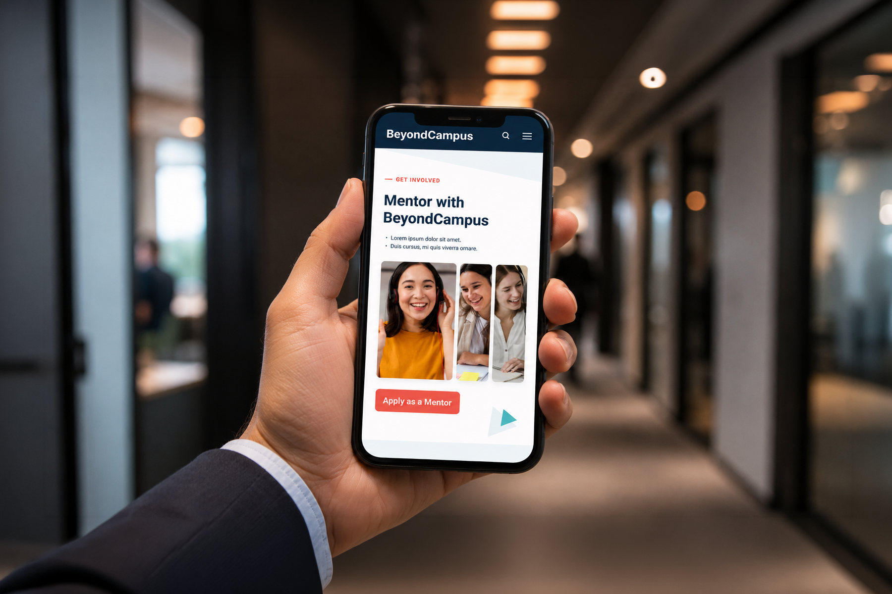 Business professional reviewing a SaaS website on a smartphone between meetings in a corporate hallway, illustrating why mobile optimization is critical for B2B websites in 2026
