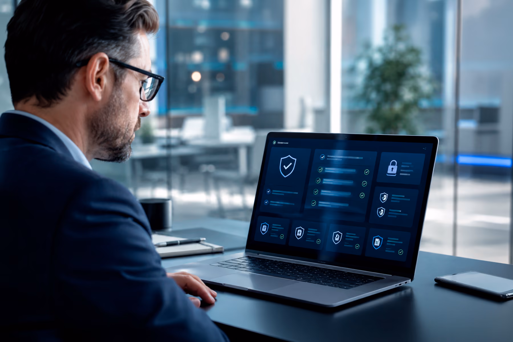 IT evaluator reviewing abstract security and compliance documentation on an enterprise SaaS website.