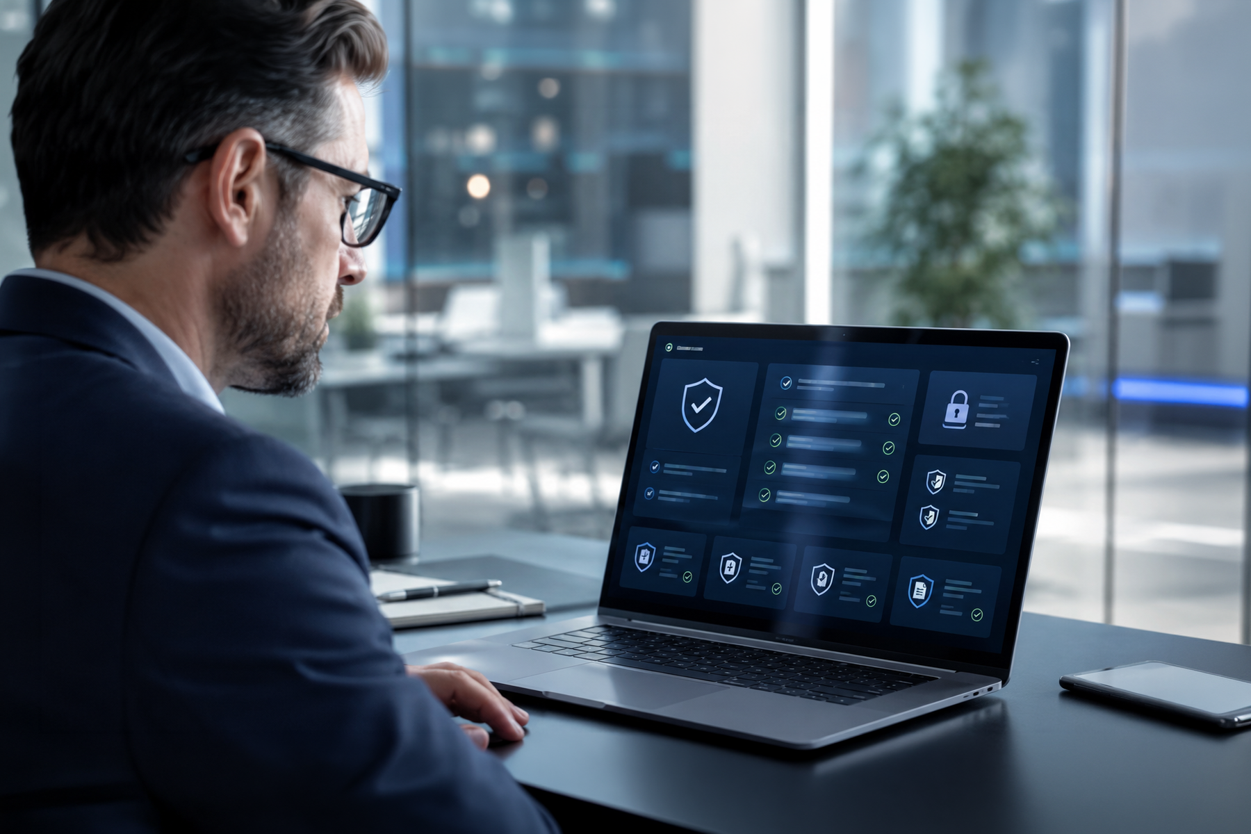 IT evaluator reviewing abstract security and compliance documentation on an enterprise SaaS website.