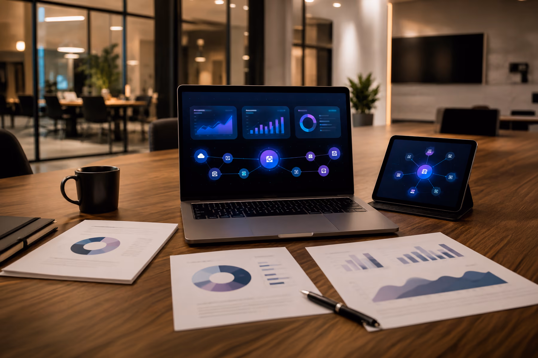 Enterprise SaaS case study materials and abstract integration dashboard arranged on a modern conference room table.