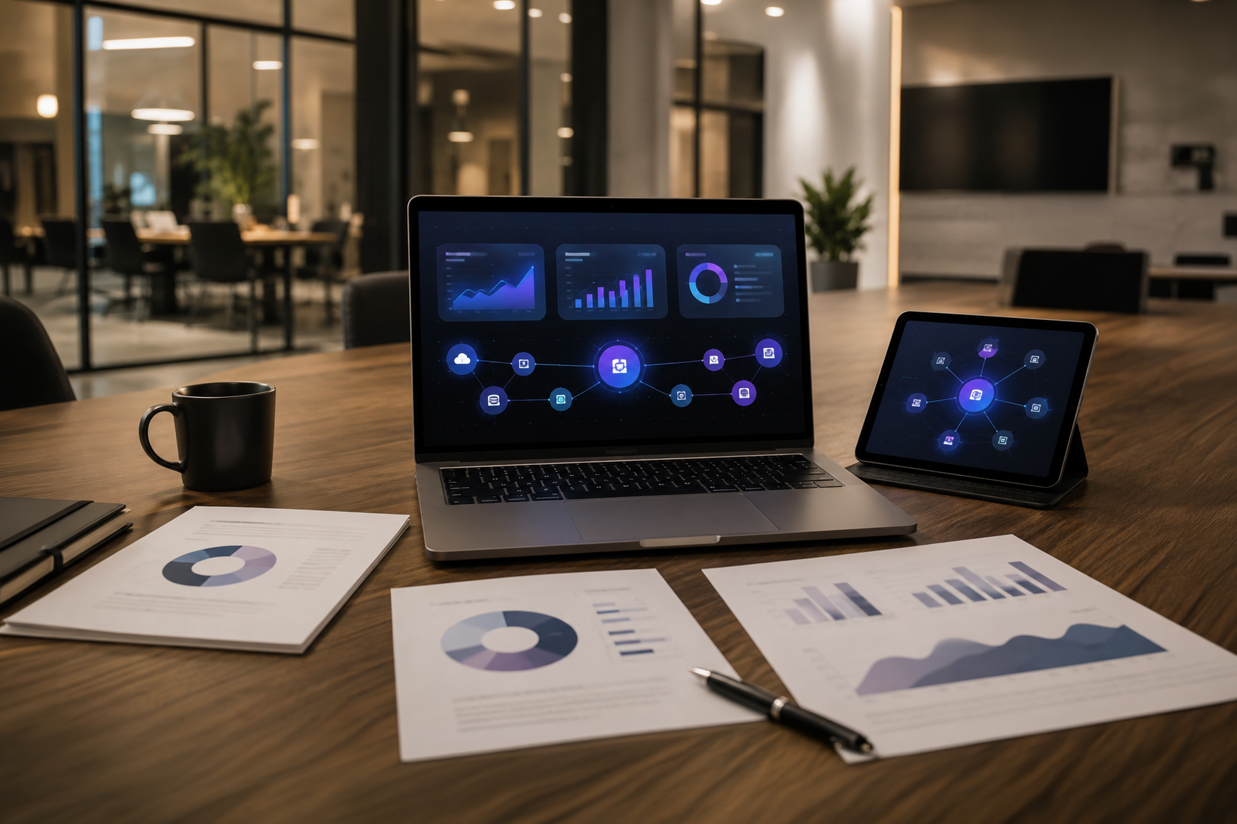 Enterprise SaaS case study materials and abstract integration dashboard arranged on a modern conference room table.