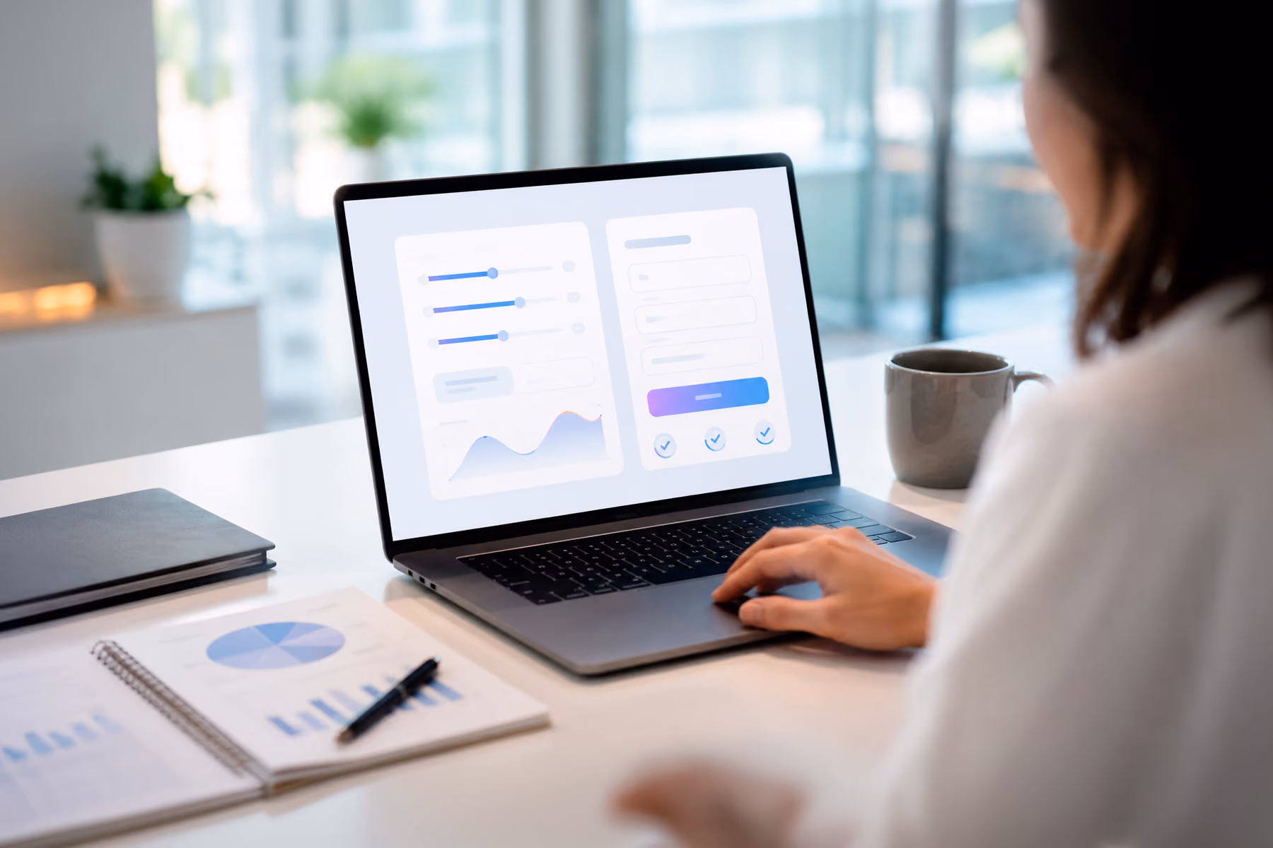 Business stakeholder using an abstract ROI calculator and demo flow on a B2B SaaS website.