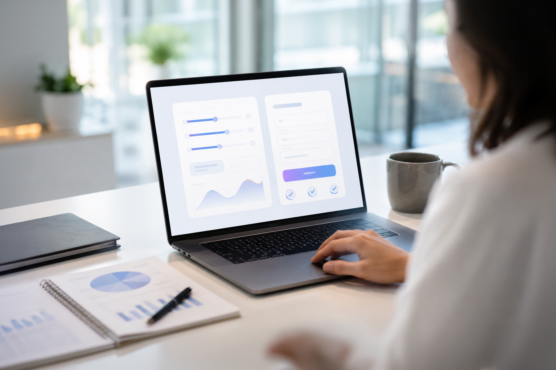 Business stakeholder using an abstract ROI calculator and demo flow on a B2B SaaS website.