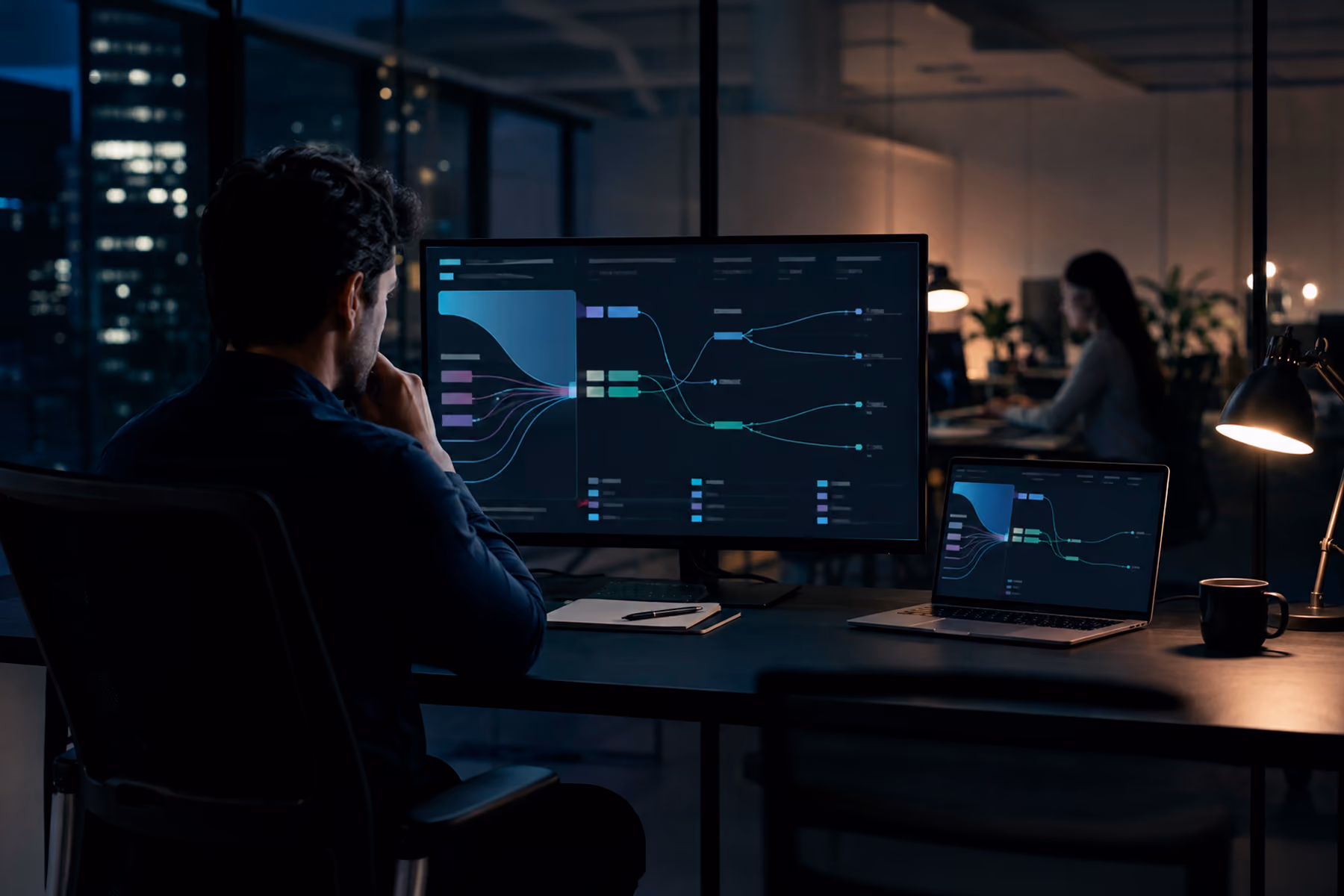 Cybersecurity team reviewing abstract website analytics showing traffic without clear enterprise pipeline.