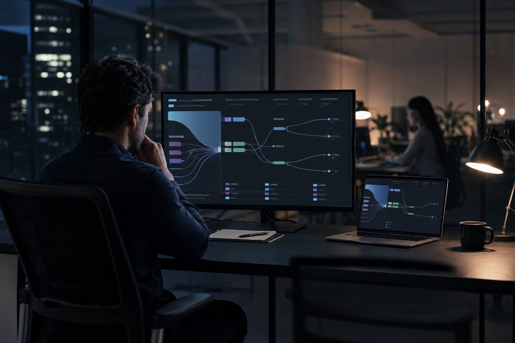 Cybersecurity team reviewing abstract website analytics showing traffic without clear enterprise pipeline.