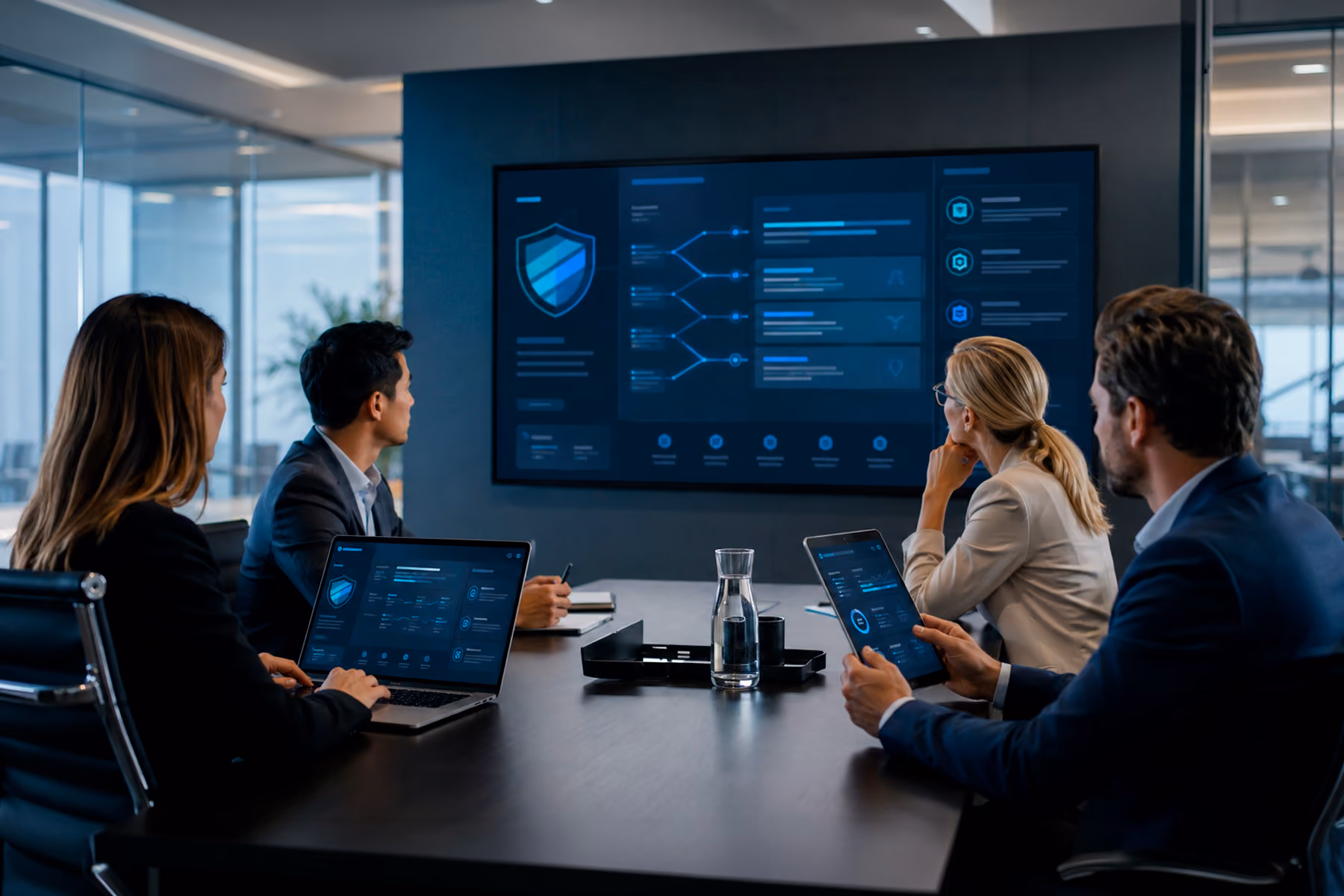 Enterprise cybersecurity buying committee reviewing different trust paths on an abstract vendor website.
