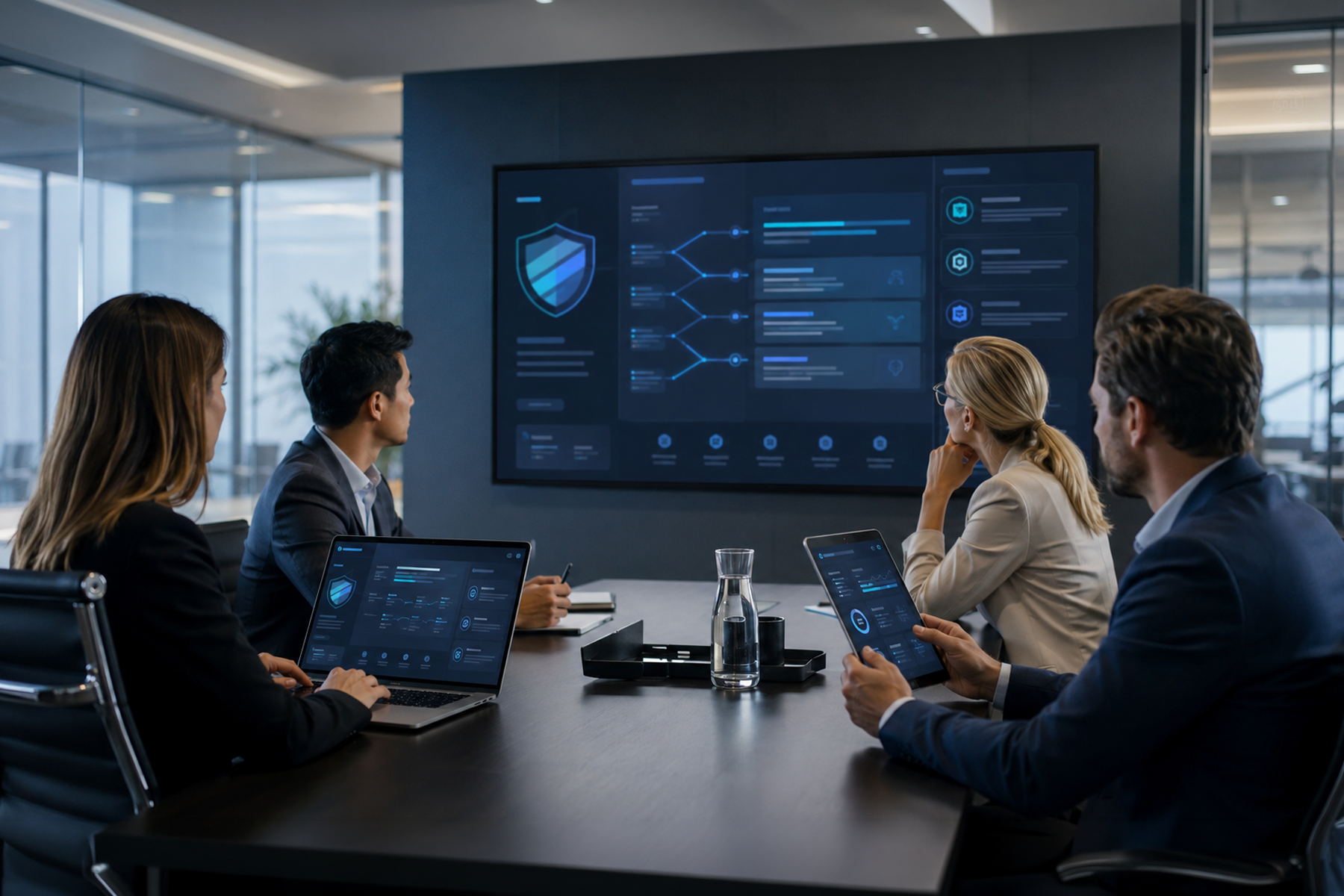 Enterprise cybersecurity buying committee reviewing different trust paths on an abstract vendor website.